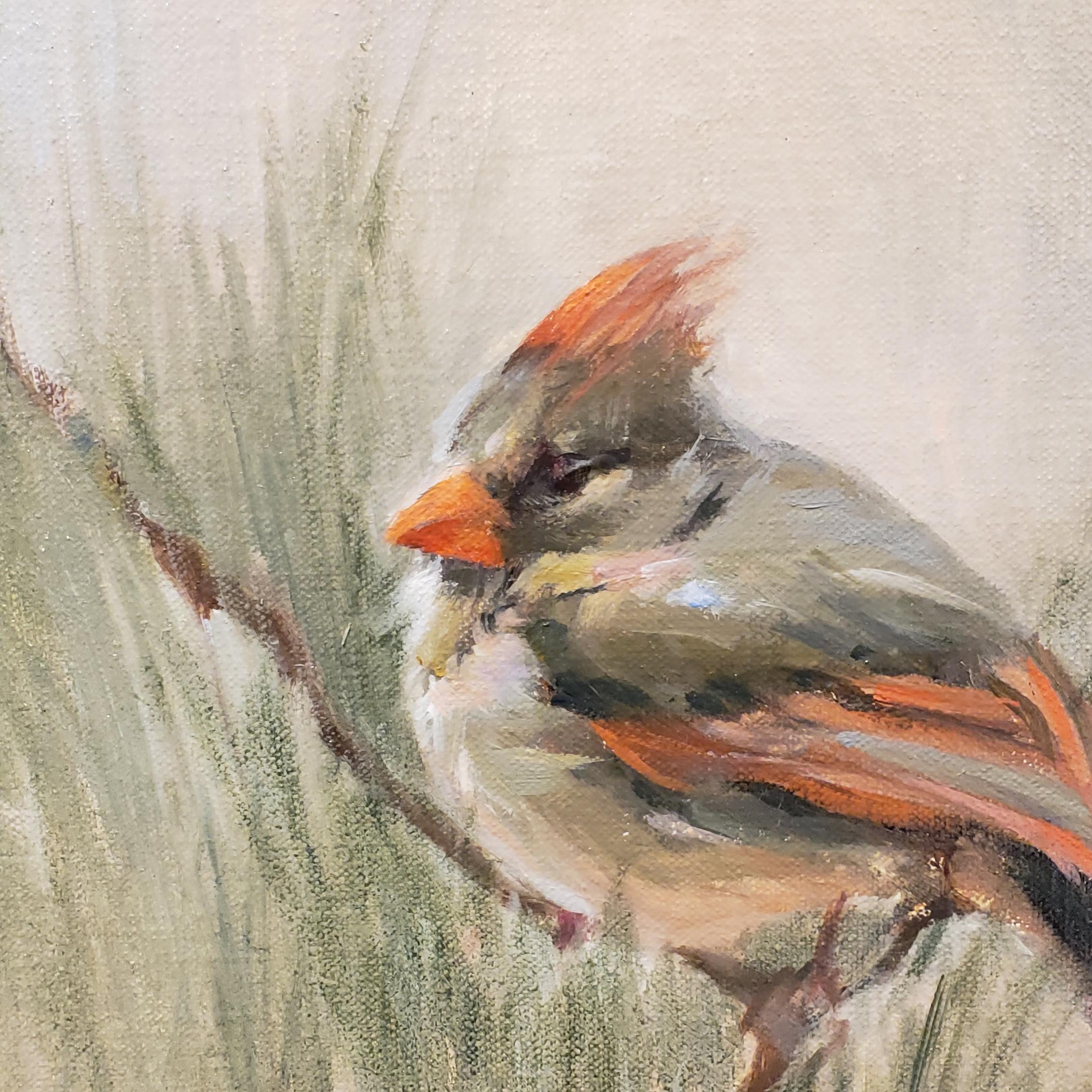 A Mother's Beauty, Oil, Female Cardinal, Impressionism , SW Art, Texas Artist, 2021 - Impressionist Painting by Judy Crowe