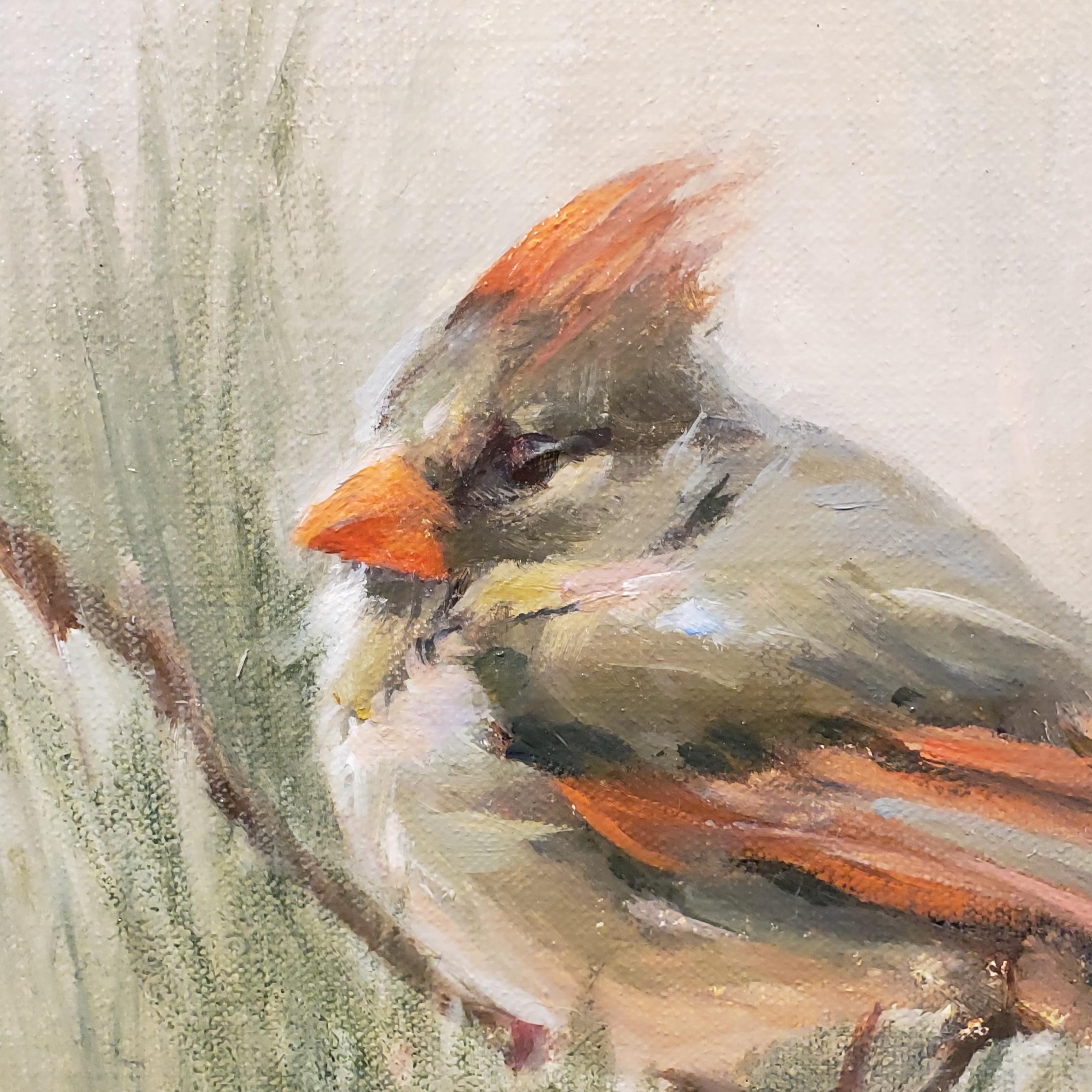 A Mother's Beauty, Oil, Female Cardinal, Impressionism , SW Art, Texas Artist, 2021 - Brown Animal Painting by Judy Crowe
