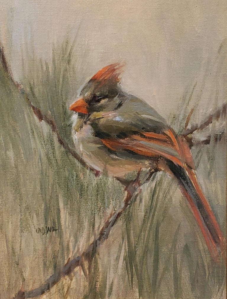 Judy Crowe Animal Painting - A Mother's Beauty, Oil, Female Cardinal,Impressionism ,SW Art, Texas Artist,2021