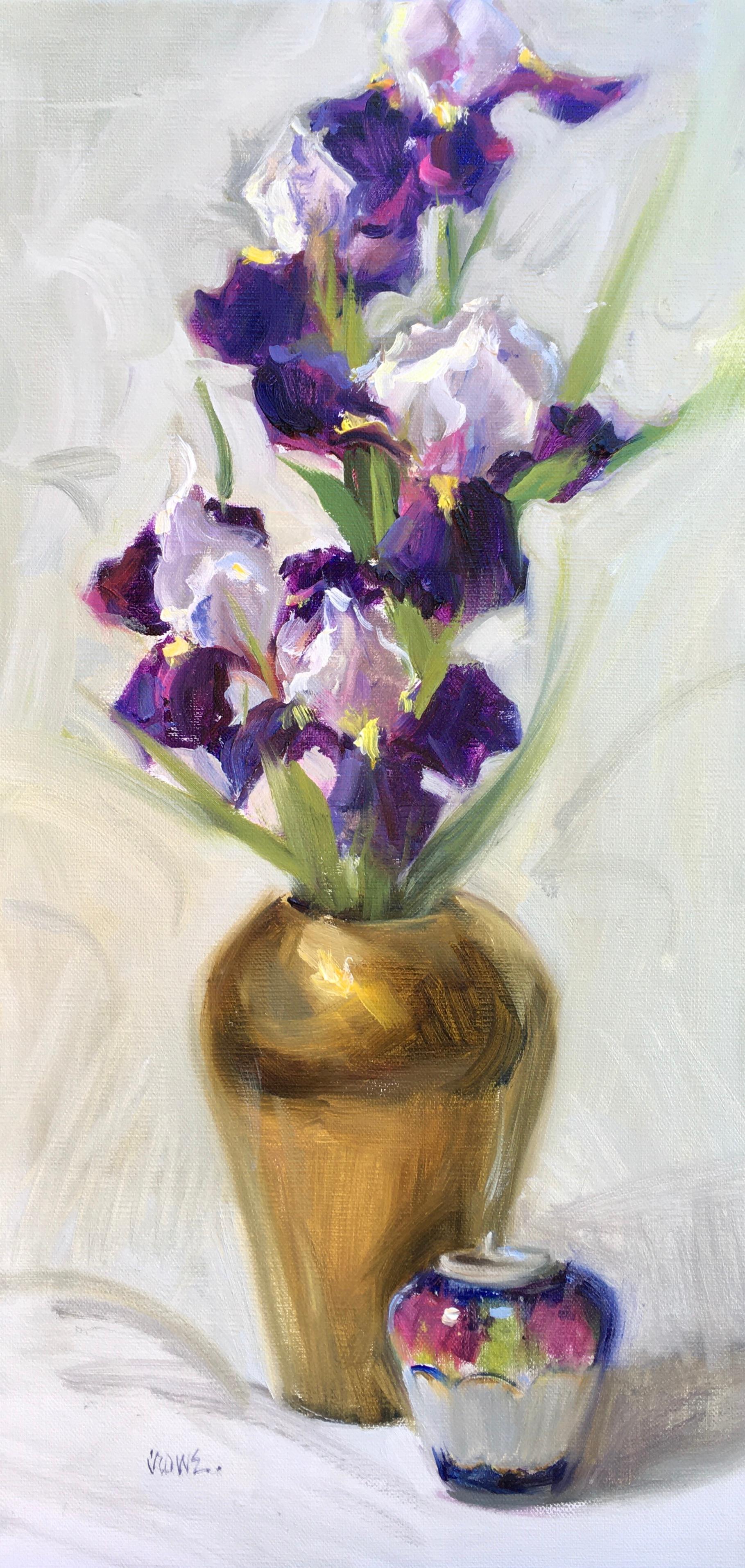 Judy Crowe Still-Life Painting - Blooming Irises, Oil, Impressionism, Oil Painters of America, Signature Member  