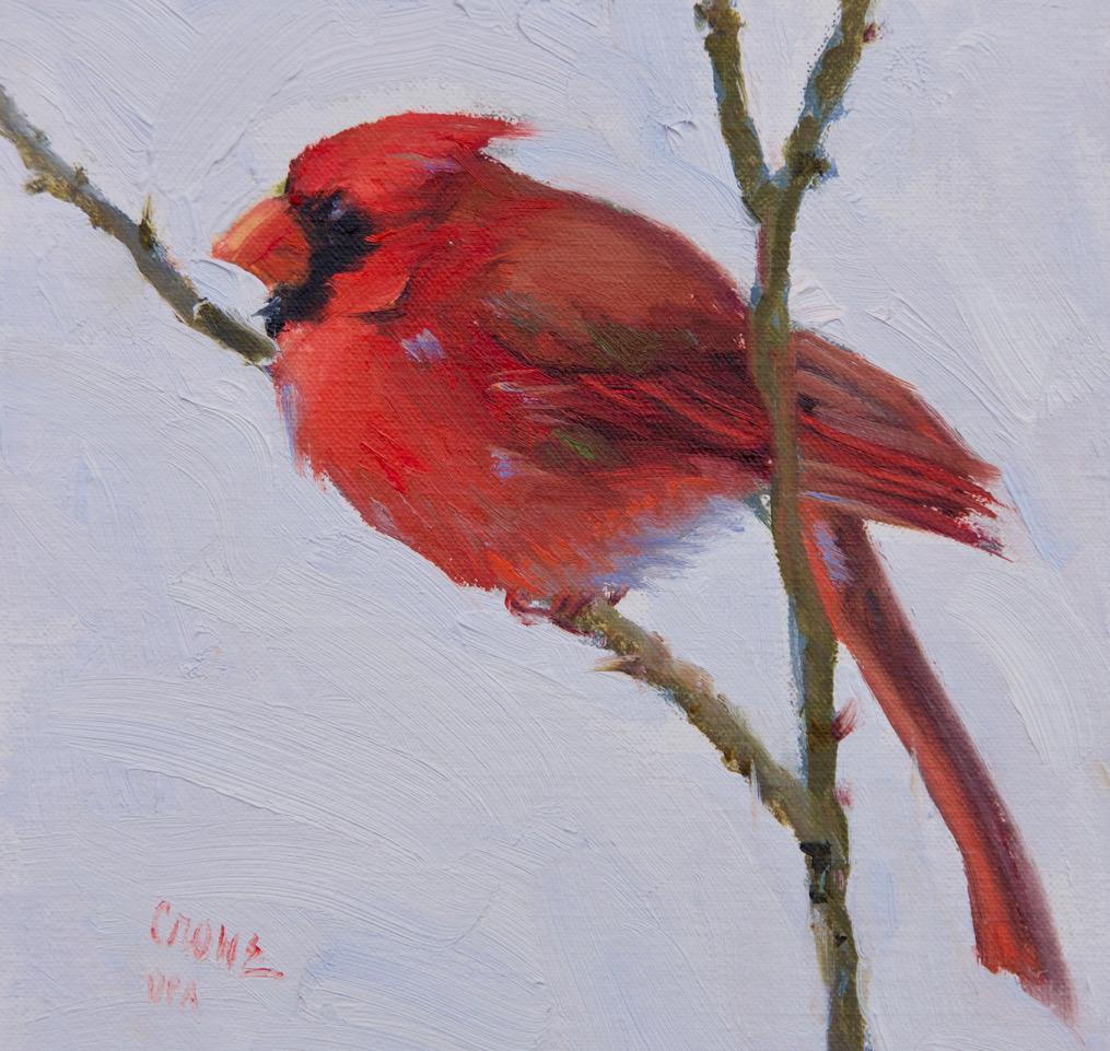 Flying High , Oil, Cardinal , Texas Bird  ,Impressionism ,SW Art, Texas Artist