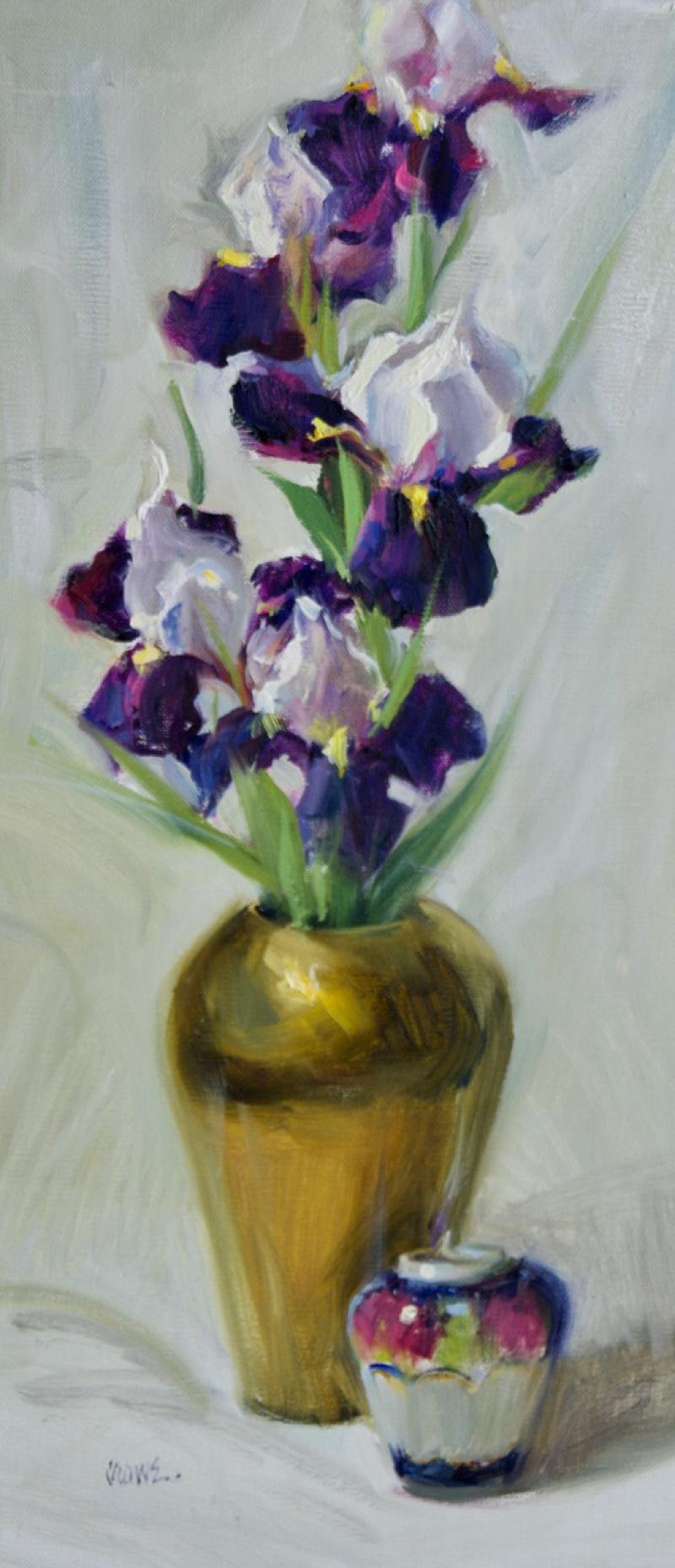  Irises and Two Vases, oil painting ,American Impressionism, S.W. Art 