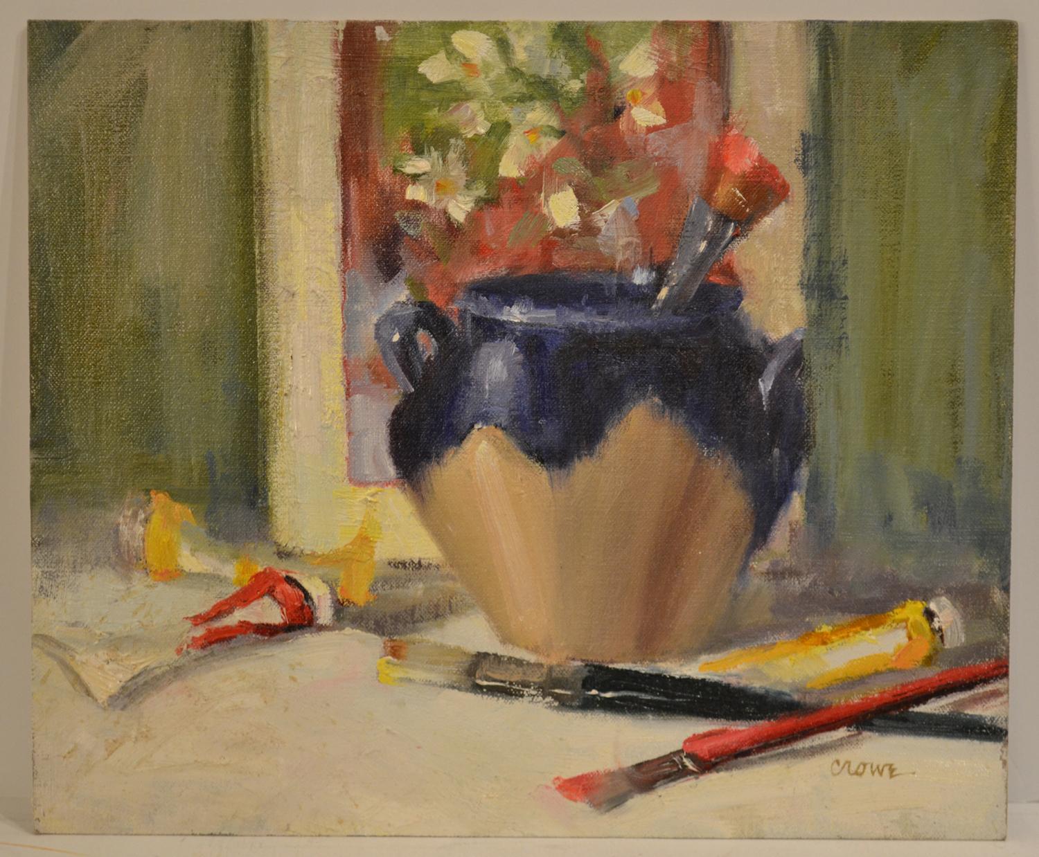 "Painter
s Friends" Oil on Canvas on Board 10 x 12 Still Life, unframed - Painting by Judy Crowe