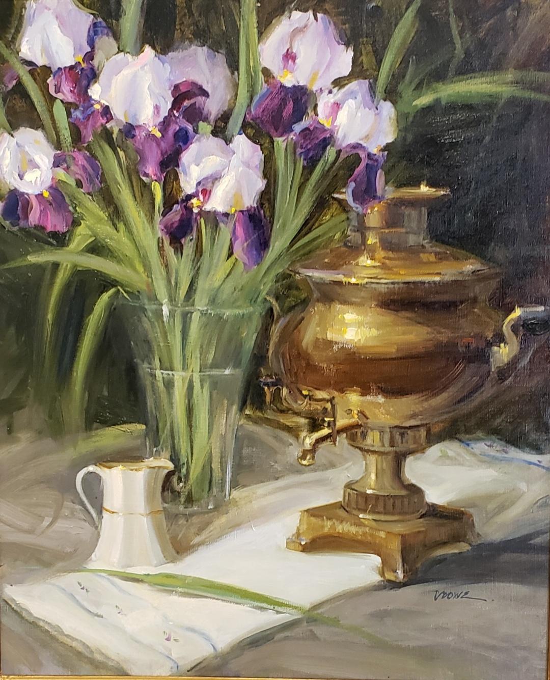 Judy Crowe Still-Life Painting - Samovar and Iris, oil painting , American Impressionism , SW Art Magazine 11/20/20