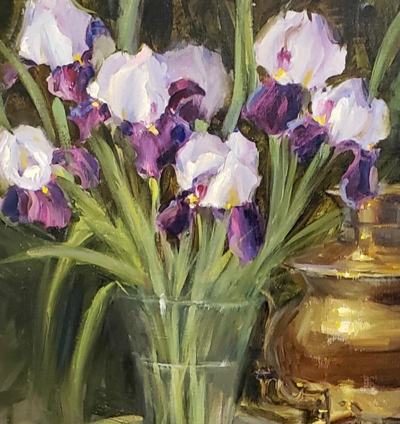 Samovar & Iris, oil painting , American Impressionism , SW Art Magazine 11/20/20 - Painting by Judy Crowe