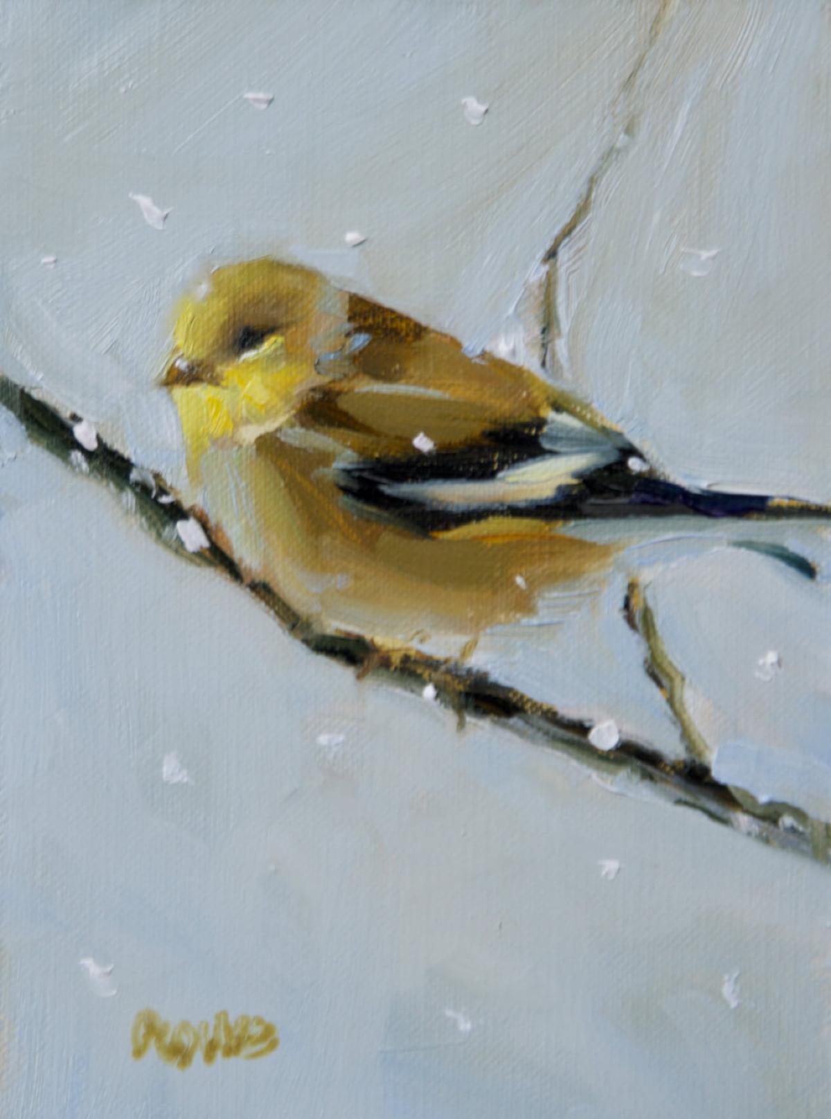 Judy Crowe Animal Painting -  Snow Flurries, oil painting , Bird Painting , Impressionism , SW Art Magazine 