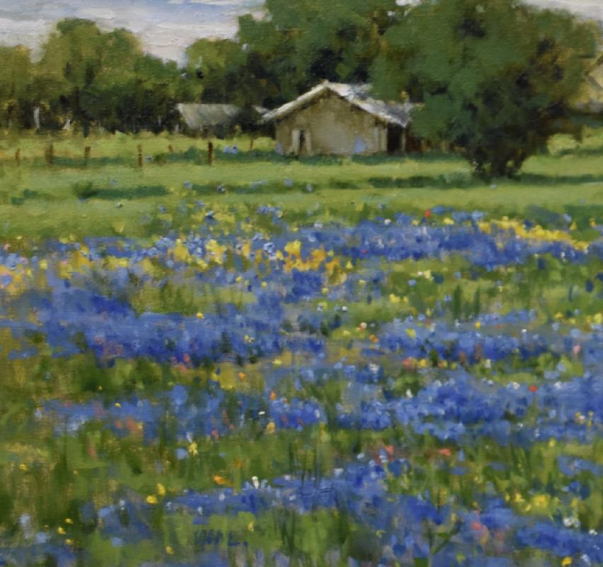 Texas in the Spring, oil , TX Hill Country , Impressionism , SW Art Magazine  - Painting by Judy Crowe