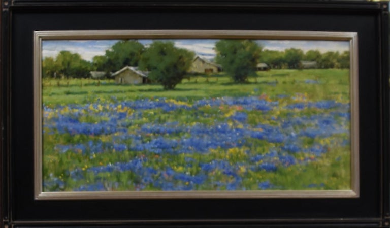 Texas in the Spring, oil , TX Hill Country ,Impressionism ,SW Art Magazine  - Gray Landscape Painting by Judy Crowe