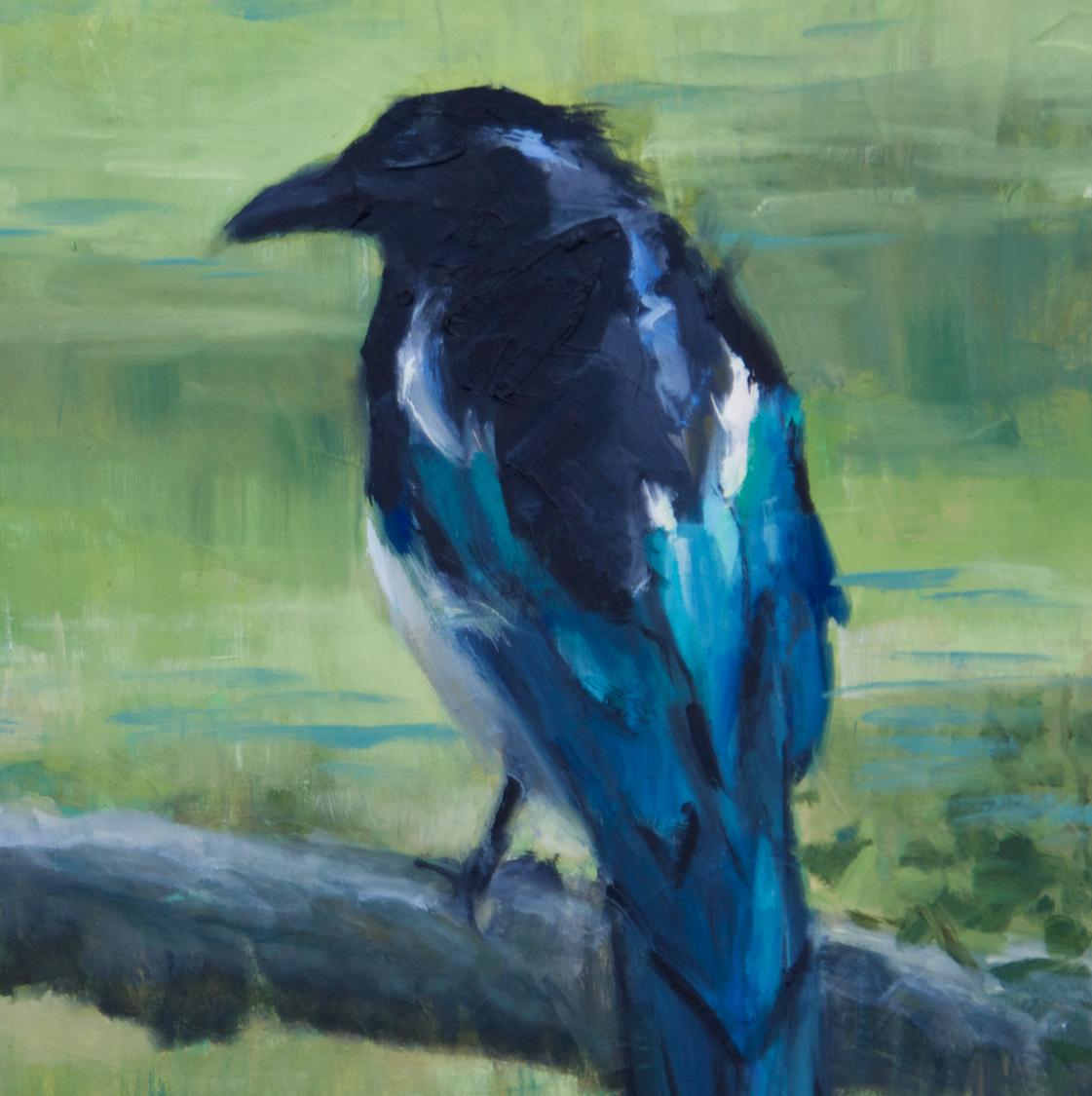The Maggie, oil, Magpie Bird , Impressionism , SW Art, Texas Artist, Magpies - Painting by Judy Crowe