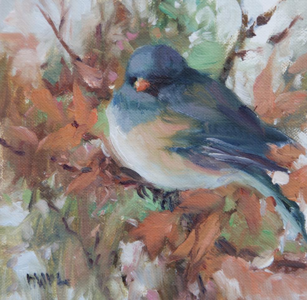 The Maggie, oil, Magpie Bird , Impressionism , SW Art, Texas Artist, Magpies - Impressionist Painting by Judy Crowe