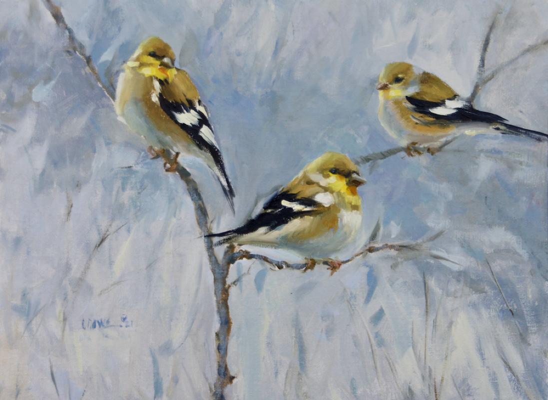 The Maggie is a Bird commonly seen in Colorado and cooler climates and  painted in the Impressionistic style by Texas artist Judy Crowe. WILL ARRIVE FROM THE FRAMER ON MARCH 31.

The Maggie  is an example of the Impressionist painters that the