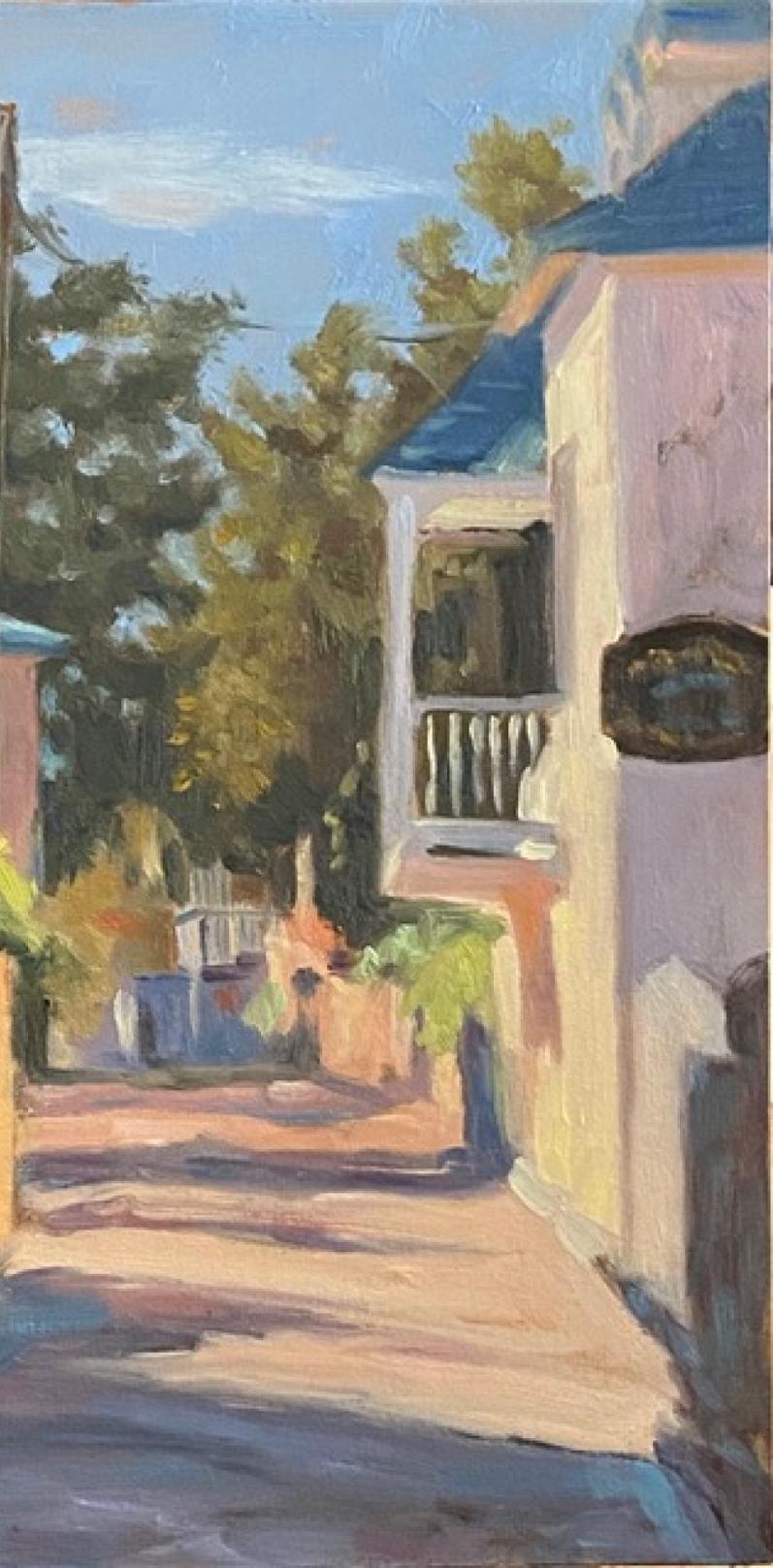 Country Lane in France  is a plein aire painting done on a recent trip buy artist Judy Elias to rural France. This oil painting  is what Judy Judy Elias  sees in everyday life as paintings - the colors in the shadows, the light coming through the