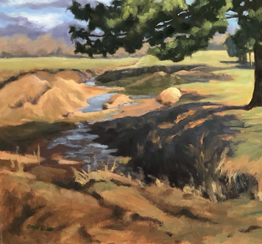 On Comanche Hills Ranch by Texas artist Judy Elias is a Texas landscape located on a private Texas ranch. On Comanche Hills Ranch is located in the Texas Hill Country where cacti and bluebonnets abound.  This oil painting  is what Judy Elias  sees