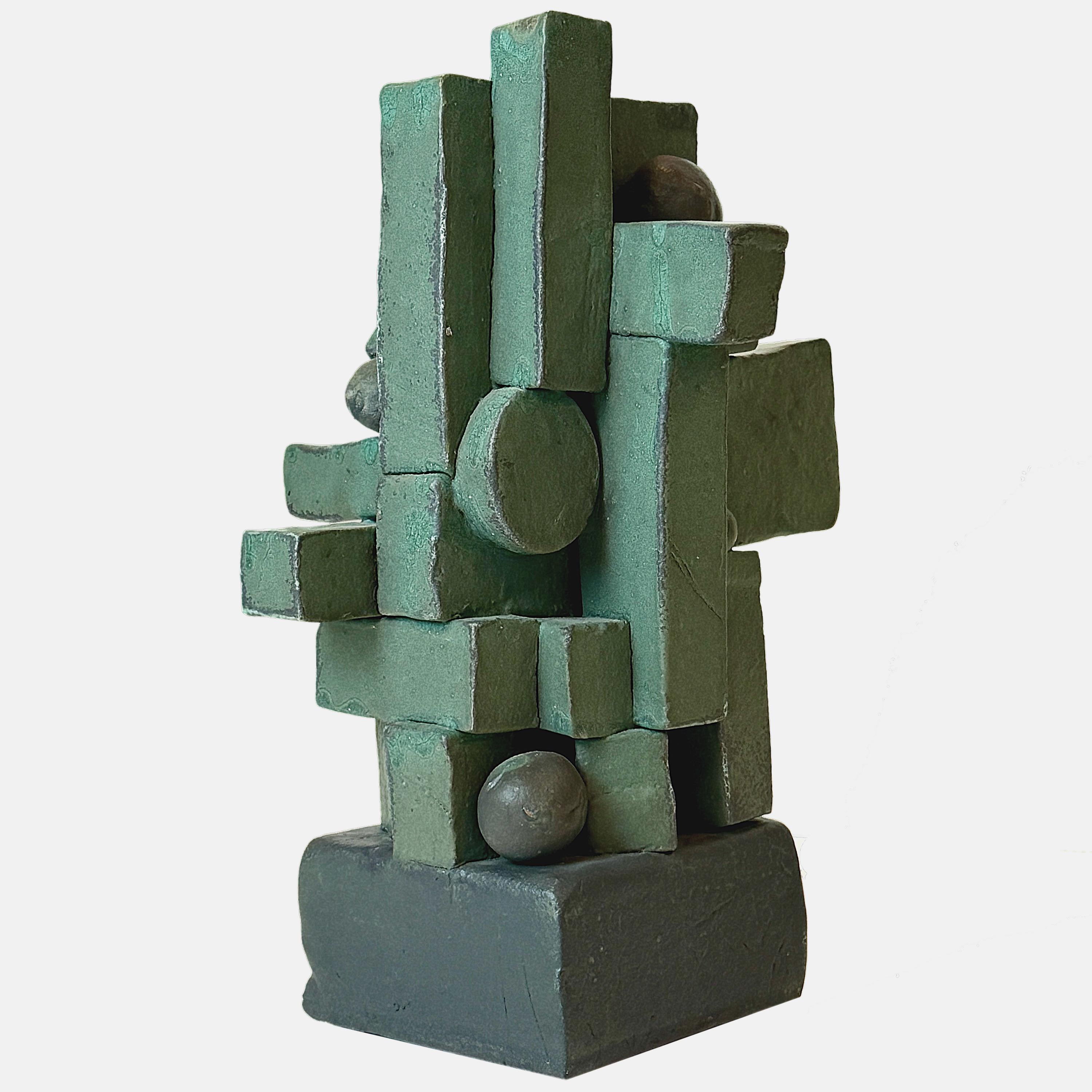 Hand built heavily glazed solid ceramic structure by NY artist Judy Engel. Heavy in weight. 
Titled: THE STATE DEPARTMENT

Solid slabs and sheres create this cubist style sculpture that Engel is recognized for. 
Greatly influenced by the modernism