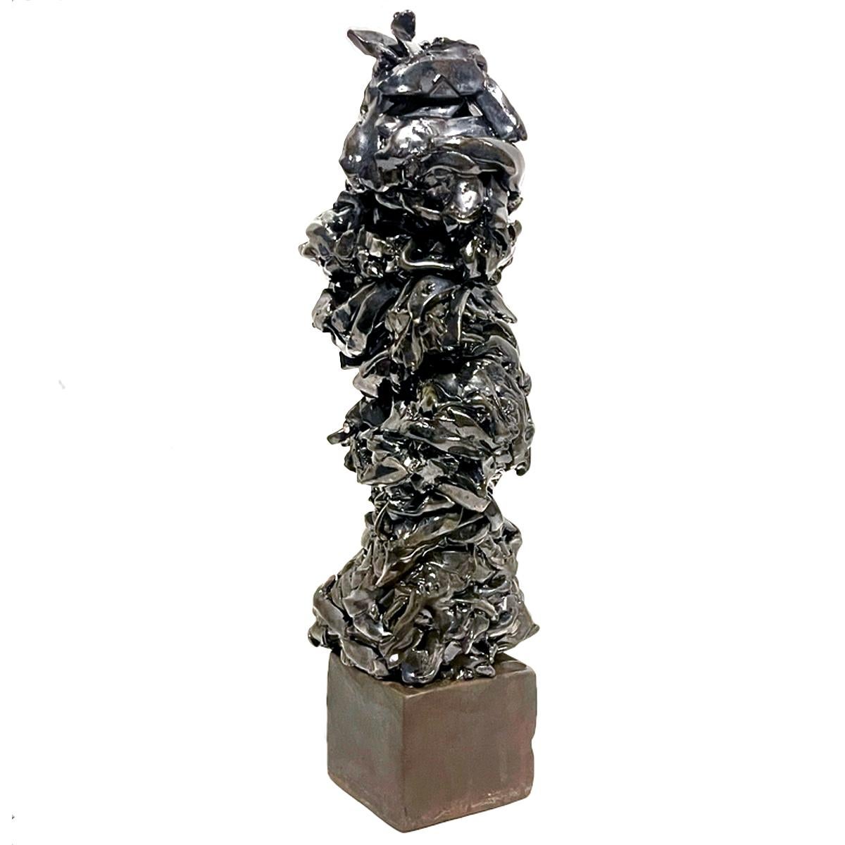 Judy Engel Figurative Sculpture - Tall Metallic Palladium Abstract Expressionist Brutalist Totem Sculpture