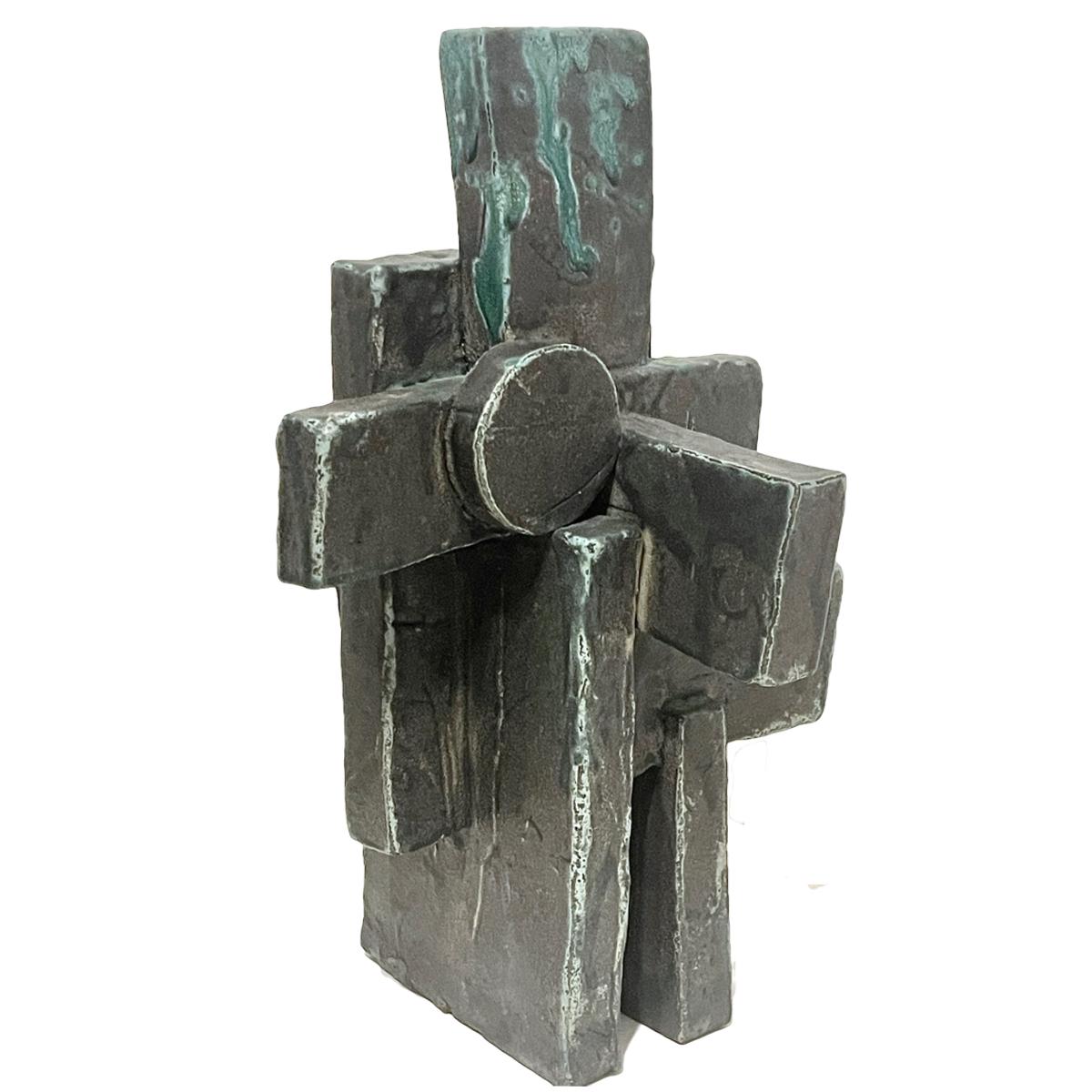 Tall Weathered Bronze Ceramic Abstract Cubist Brutalist Totem Sculpture For Sale 8