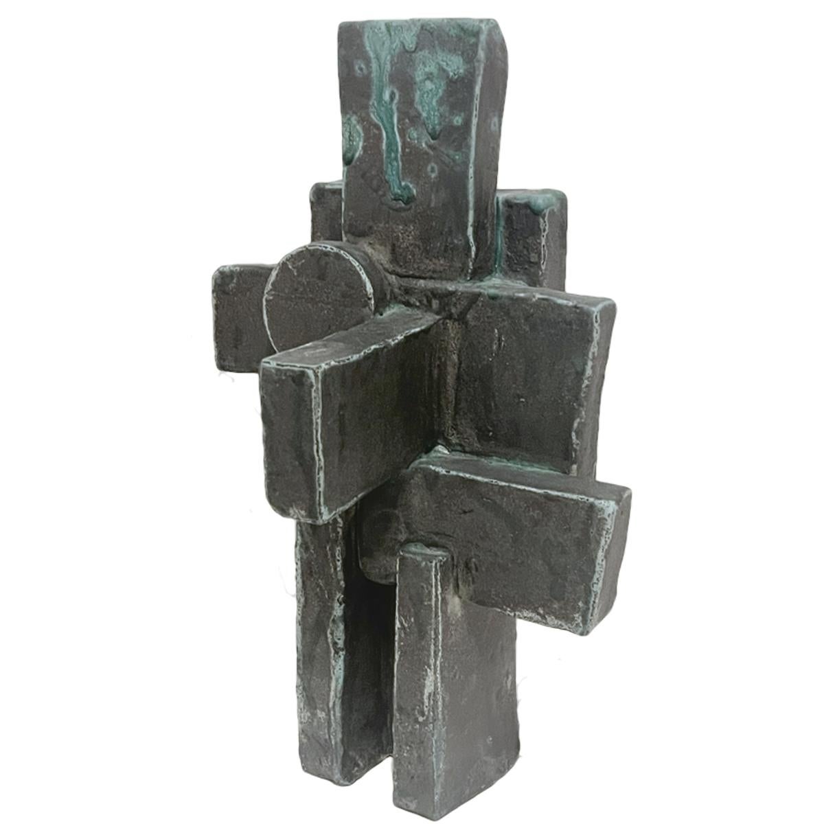Große abstrakte kubistische Totem-Skulptur aus verwitterter Bronze-Keramik aus Keramik, Brutalismus im Angebot 7