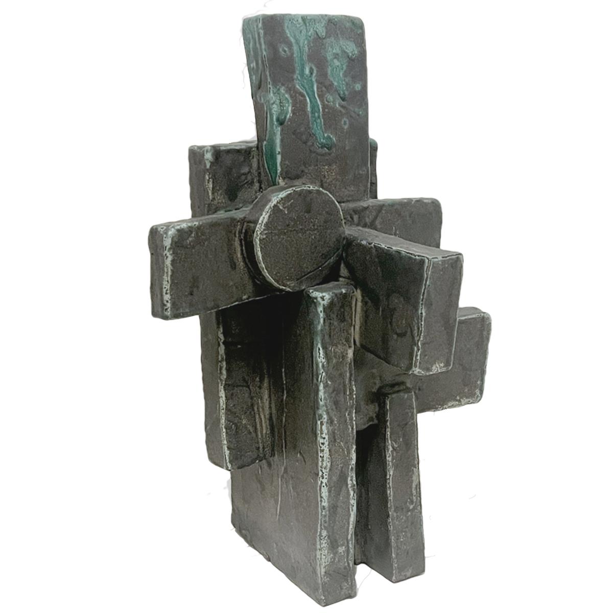 Tall Weathered Bronze Ceramic Abstract Cubist Brutalist Totem Sculpture For Sale 10