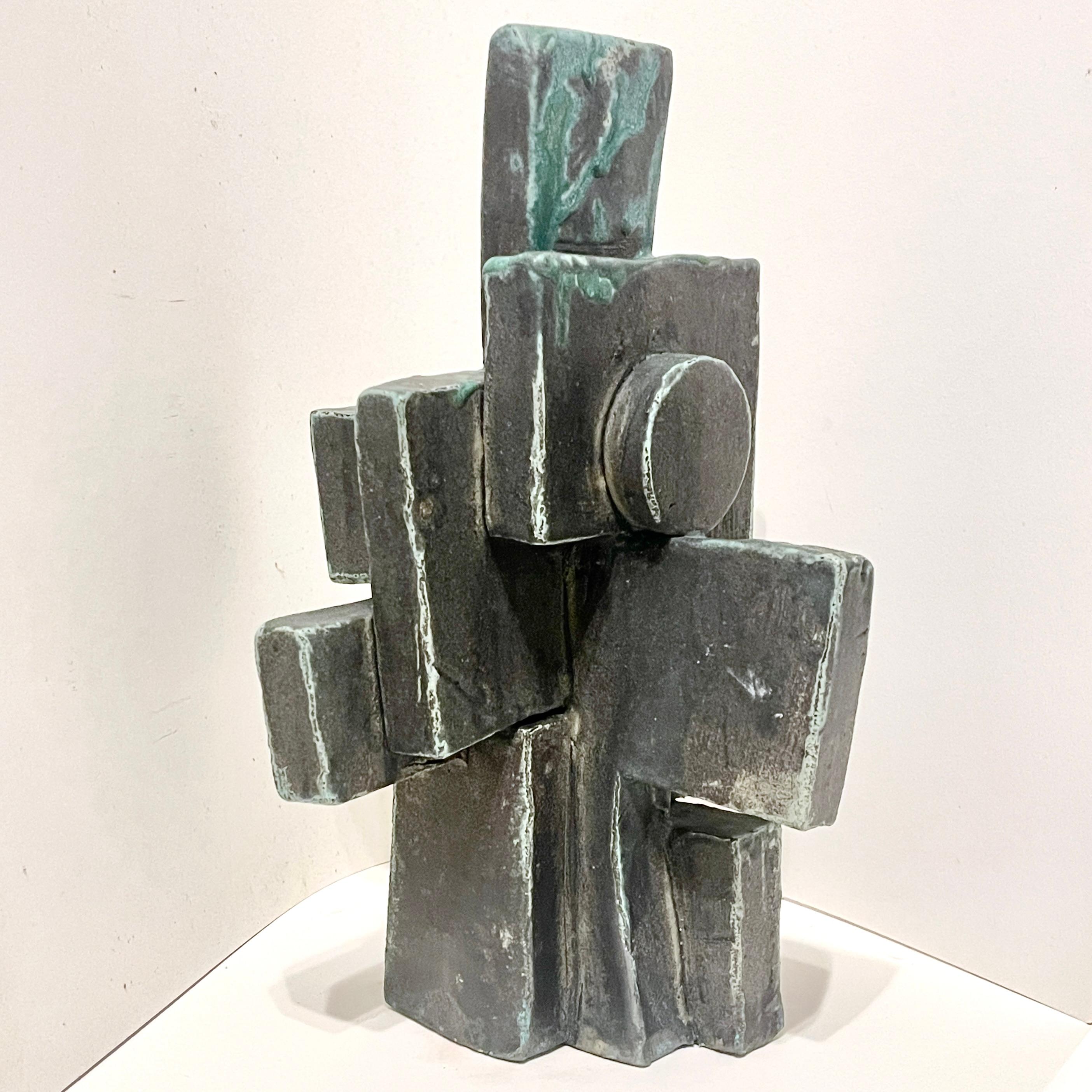 Tall Weathered Bronze Ceramic Abstract Cubist Brutalist Totem Sculpture For Sale 12