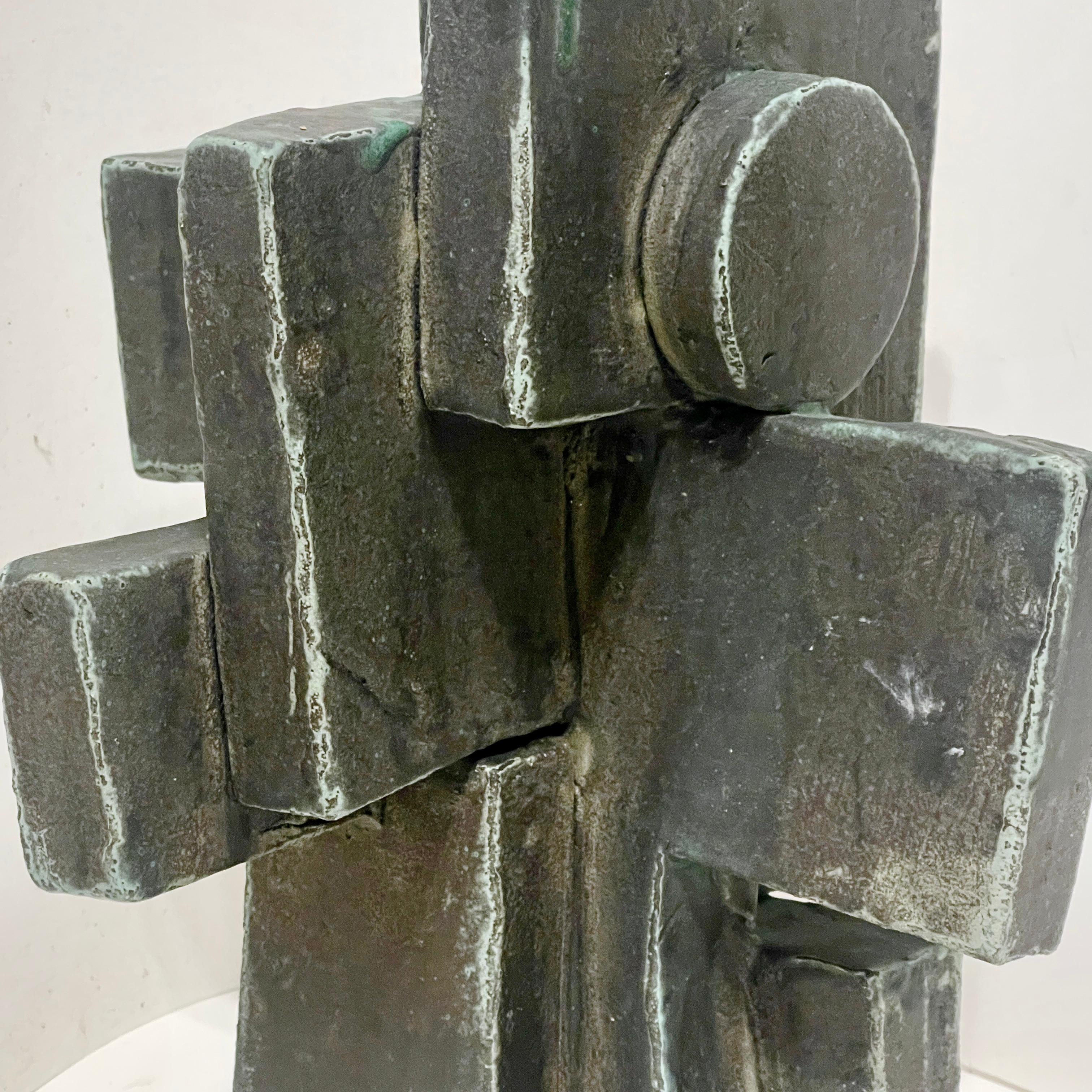 Tall Weathered Bronze Ceramic Abstract Cubist Brutalist Totem Sculpture For Sale 14