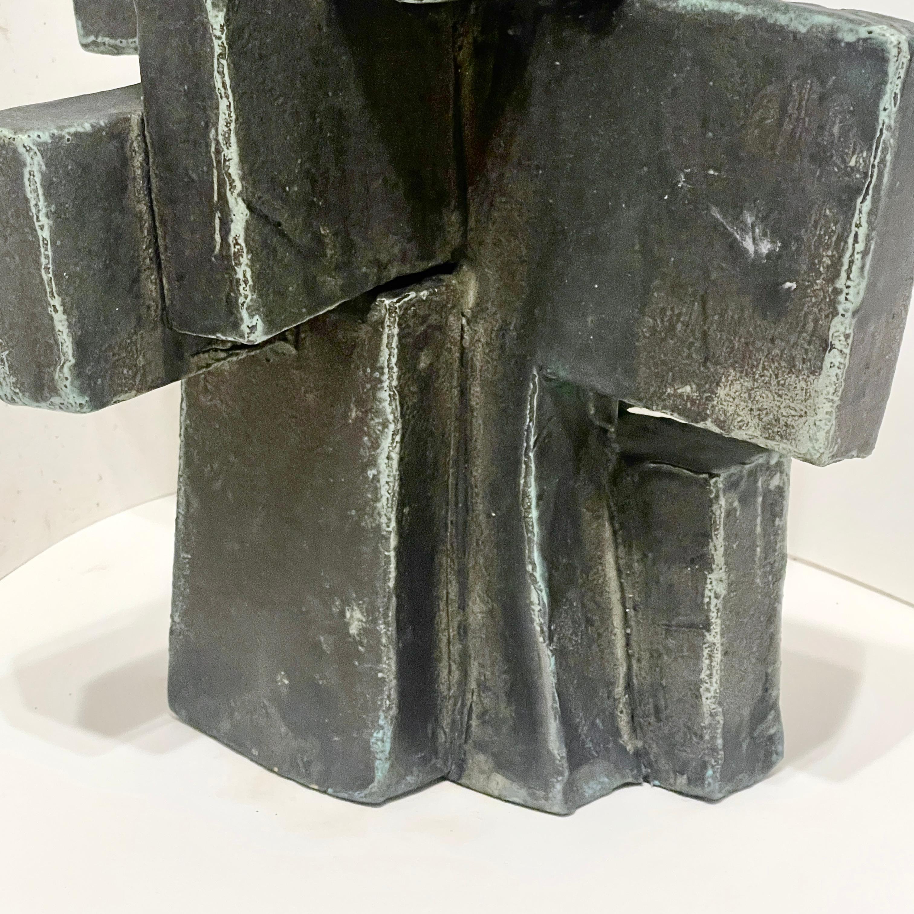 Tall Weathered Bronze Ceramic Abstract Cubist Brutalist Totem Sculpture For Sale 14