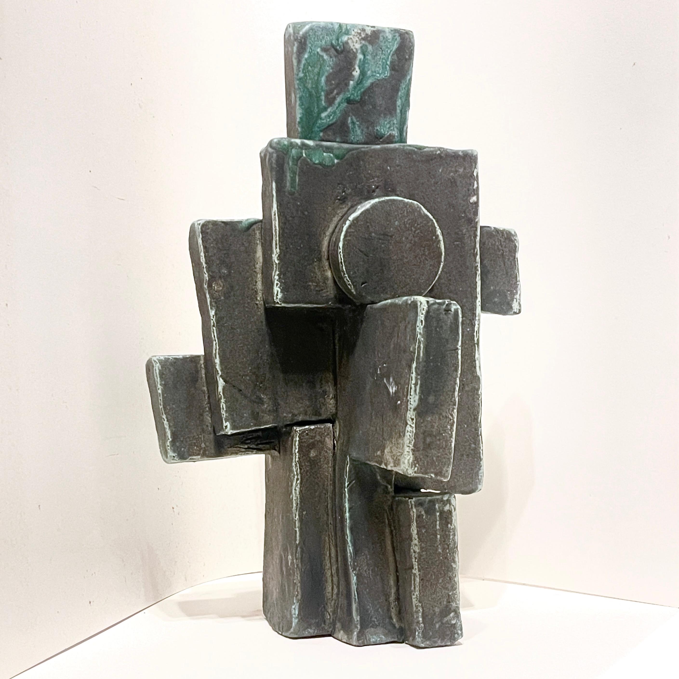 Tall Weathered Bronze Ceramic Abstract Cubist Brutalist Totem Sculpture For Sale 17