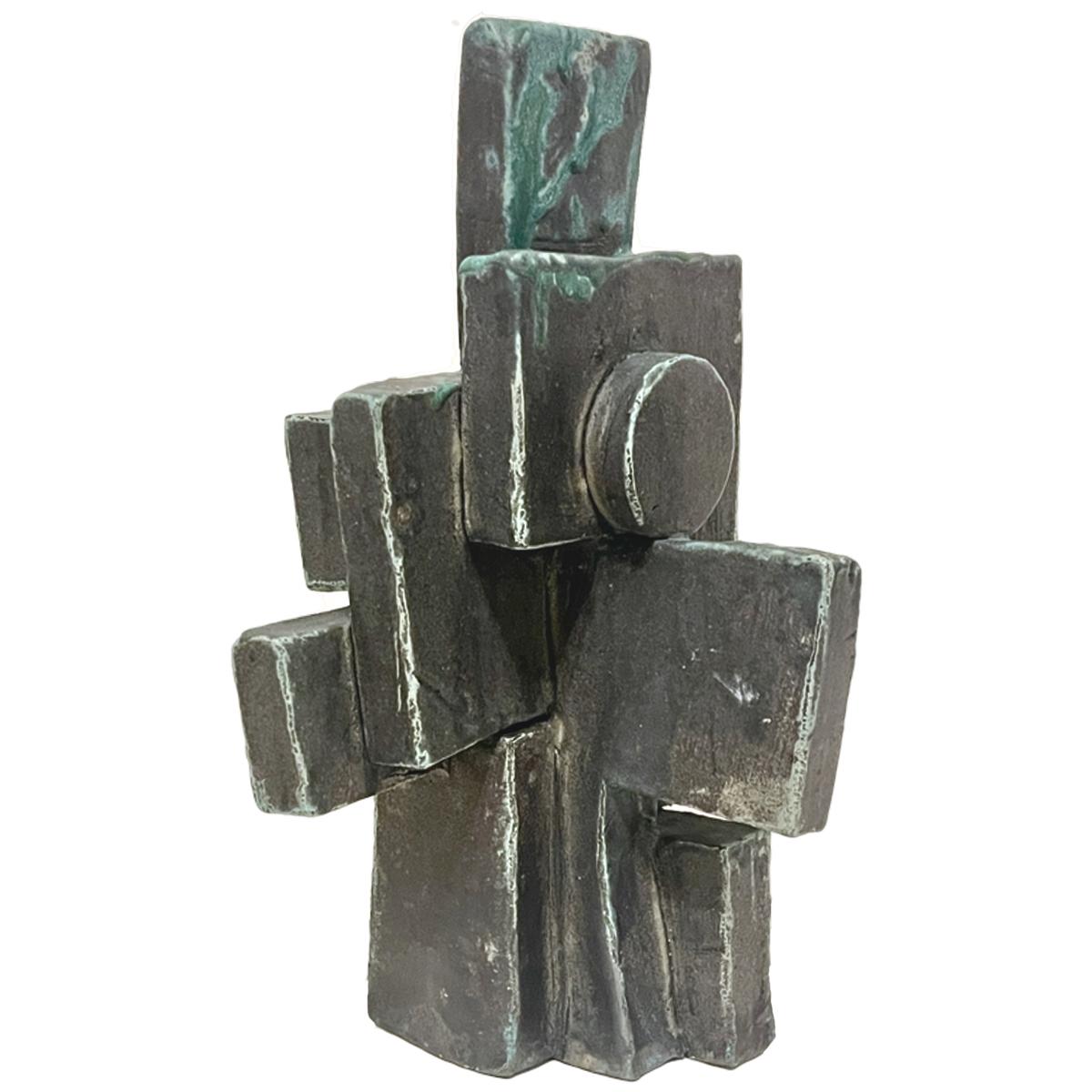 Tall Weathered Bronze Ceramic Abstract Cubist Brutalist Totem Sculpture - Gray Figurative Sculpture by Judy Engel