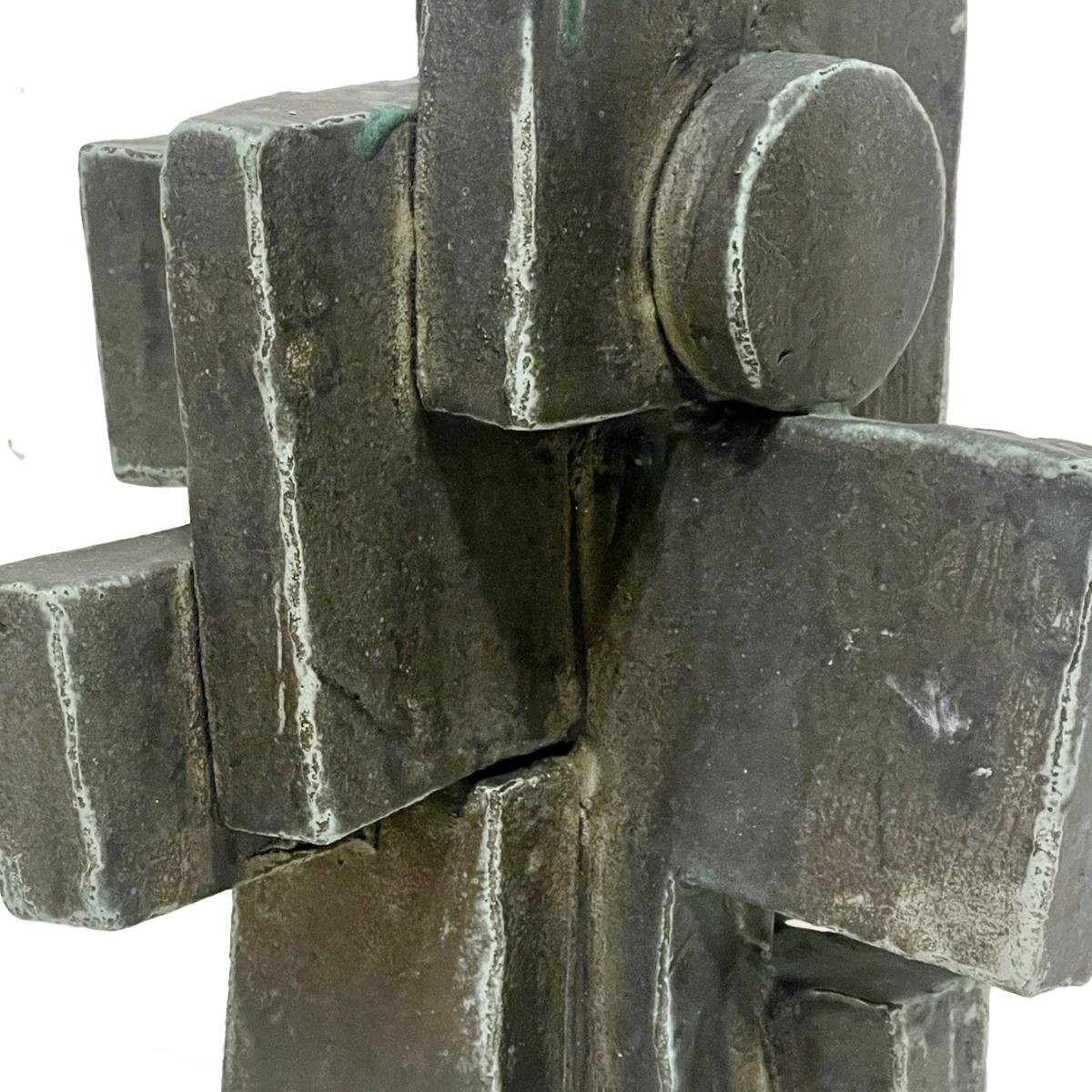 Tall Weathered Bronze Ceramic Abstract Cubist Brutalist Totem Sculpture For Sale 1