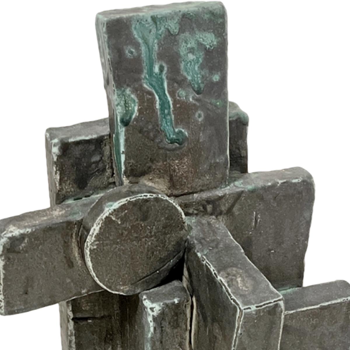 Tall Weathered Bronze Ceramic Abstract Cubist Brutalist Totem Sculpture For Sale 1