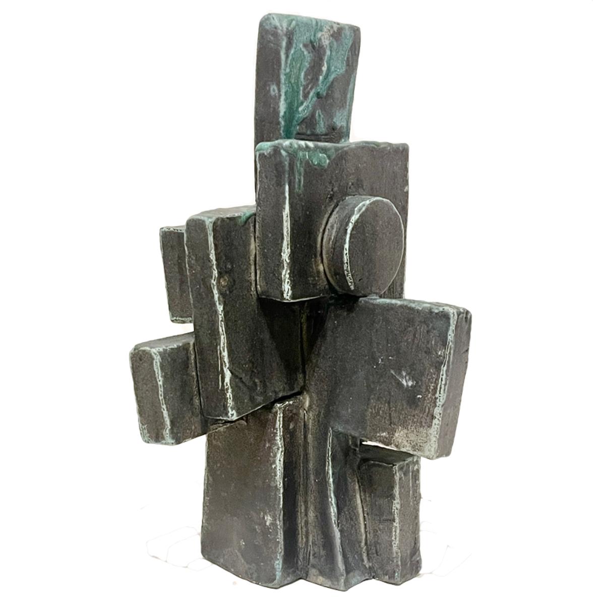 Tall Weathered Bronze Ceramic Abstract Cubist Brutalist Totem Sculpture For Sale 2