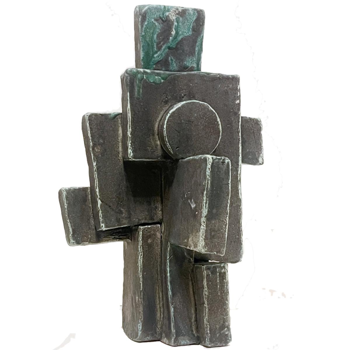 Tall Weathered Bronze Ceramic Abstract Cubist Brutalist Totem Sculpture For Sale 3