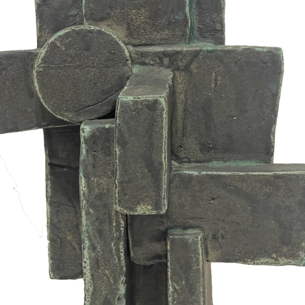 Tall Weathered Bronze Ceramic Abstract Cubist Brutalist Totem Sculpture For Sale 5