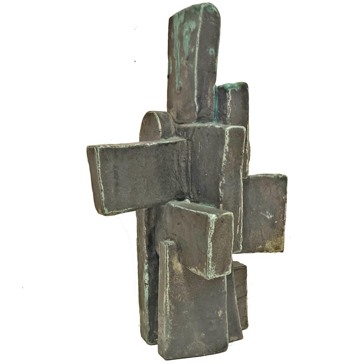 Tall Weathered Bronze Ceramic Abstract Cubist Brutalist Totem Sculpture For Sale 7