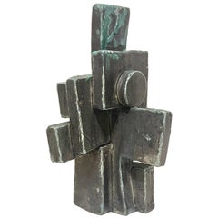 Tall Weathered Bronze Ceramic Abstract Cubist Brutalist Totem Sculpture
