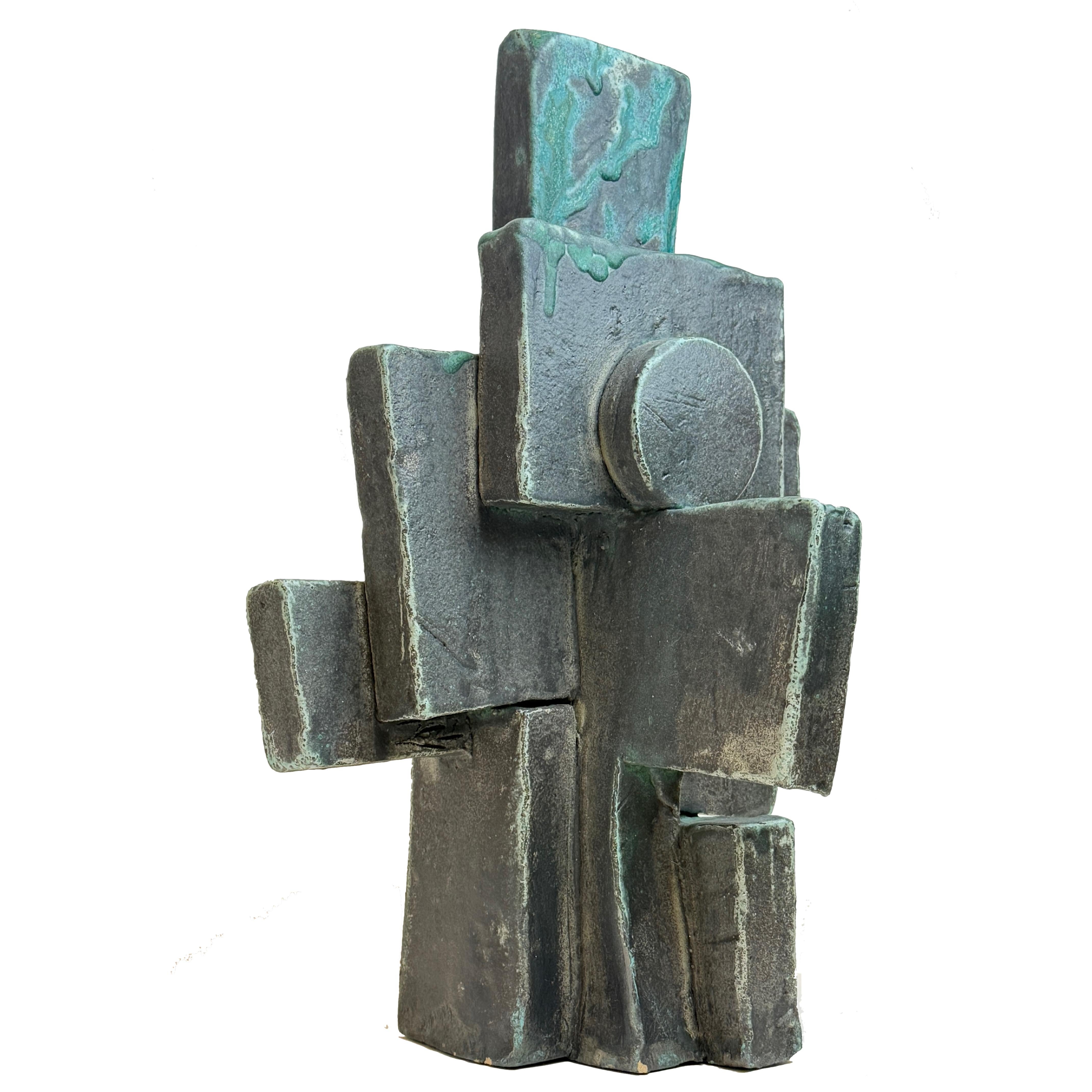 Tall Weathered Bronze Ceramic Abstract Cubist Brutalist Sculpture -JUDY ENGEL