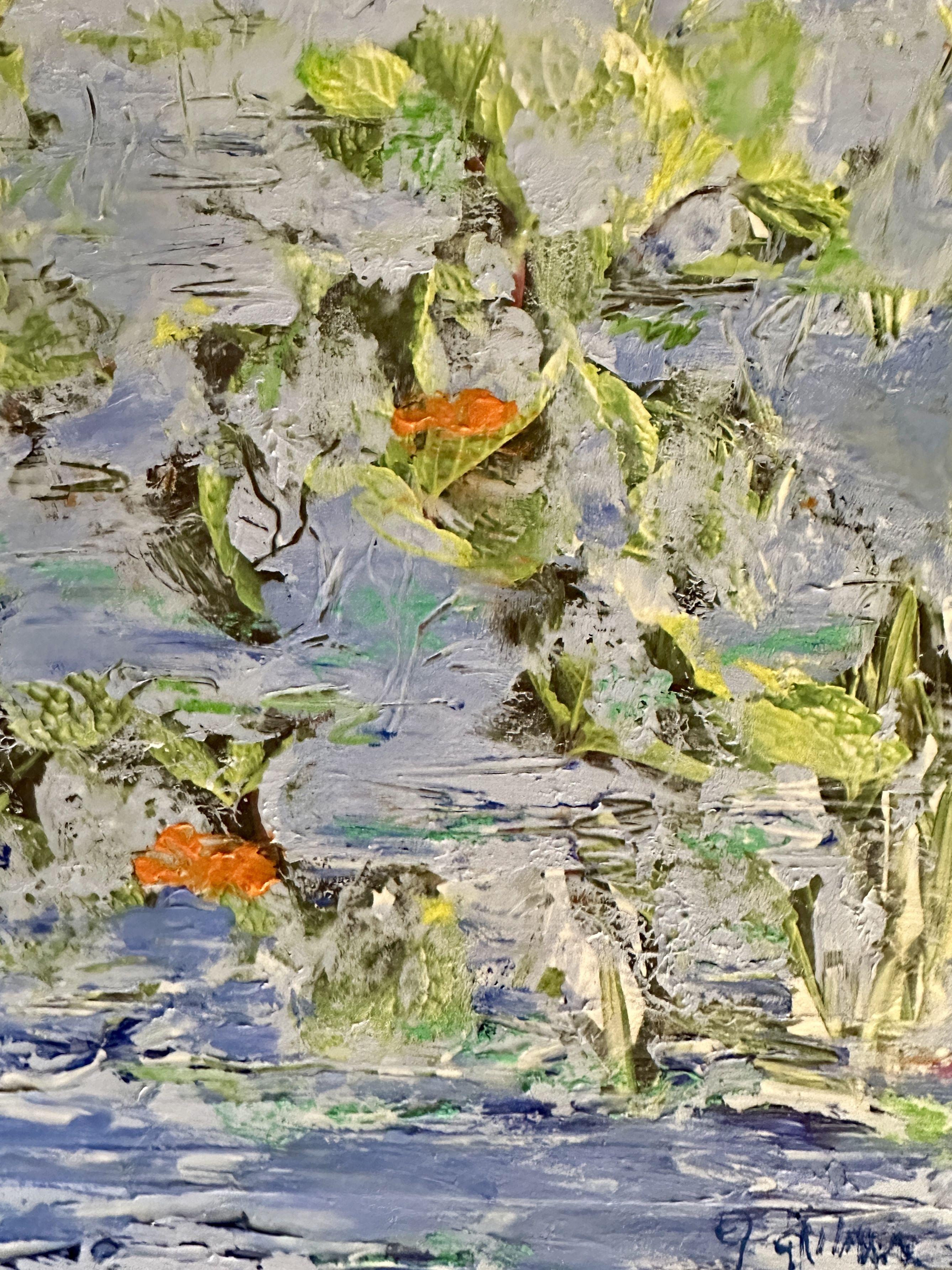 Koi Hiding, Mixed Media on Wood Panel - Abstract Expressionist Mixed Media Art by Judy Gilmer