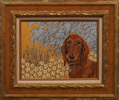 Framed Vintage American Female Modernist Dachshund Dog Animal Portrait Painting