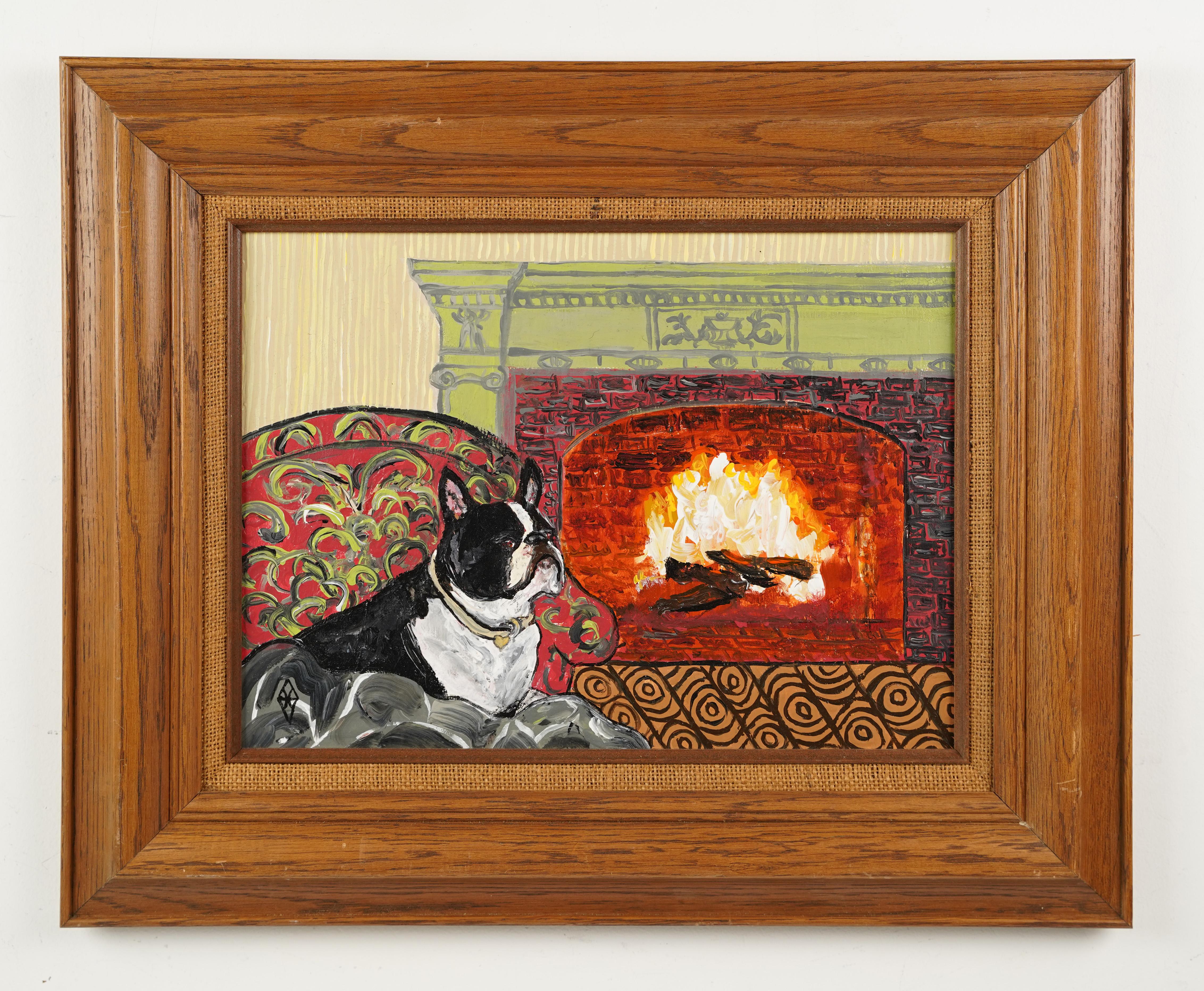 Signed American Modernist Interior French Bulldog Fireplace Portrait Painting 1
