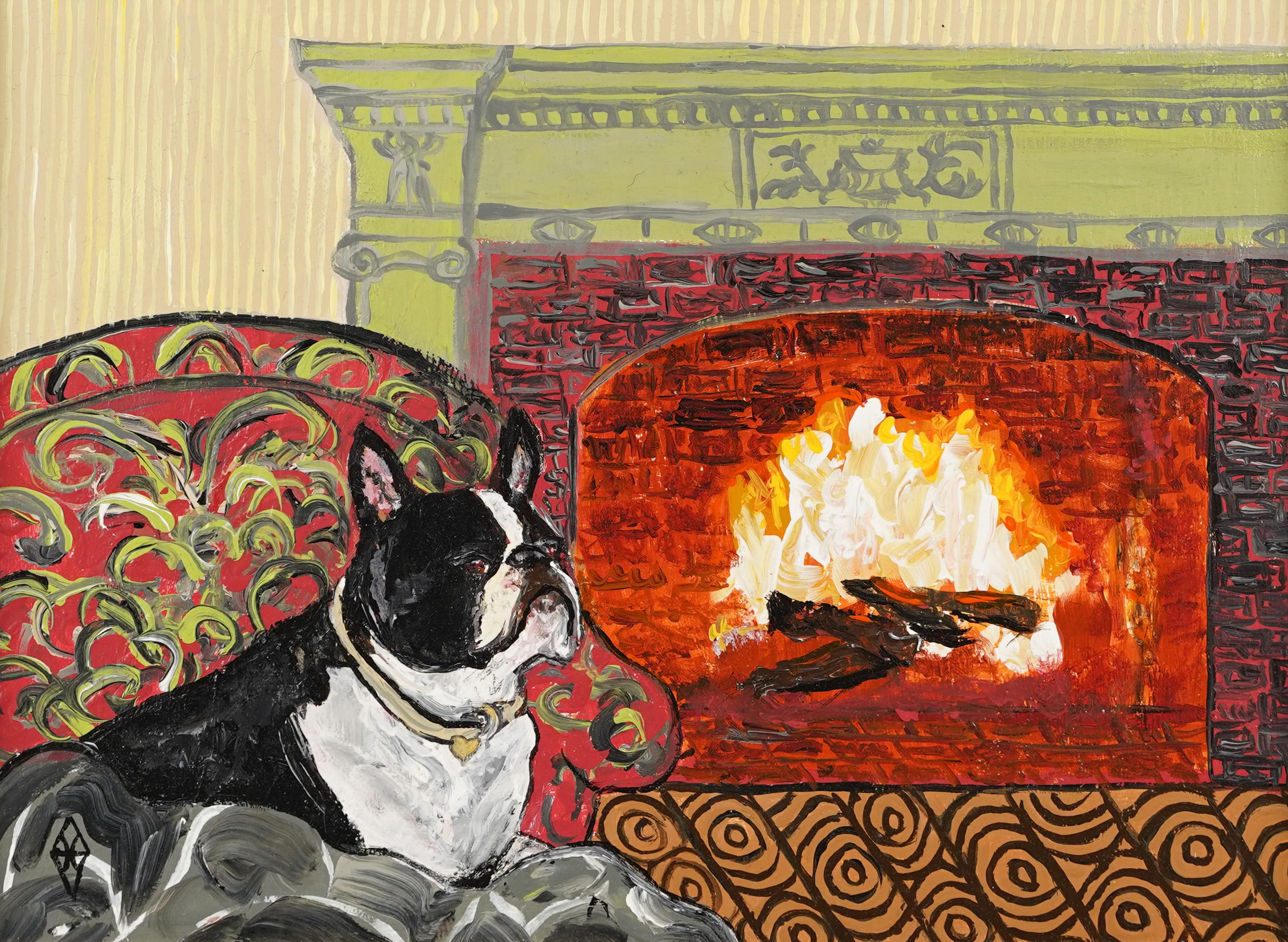 Signed American Modernist Interior French Bulldog Fireplace Portrait Painting 2