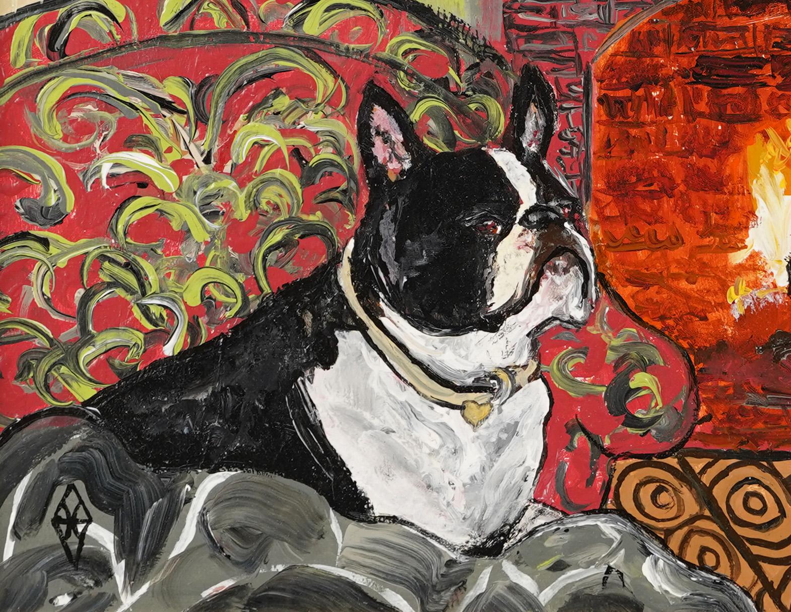 Signed American Modernist Interior French Bulldog Fireplace Portrait Painting 3
