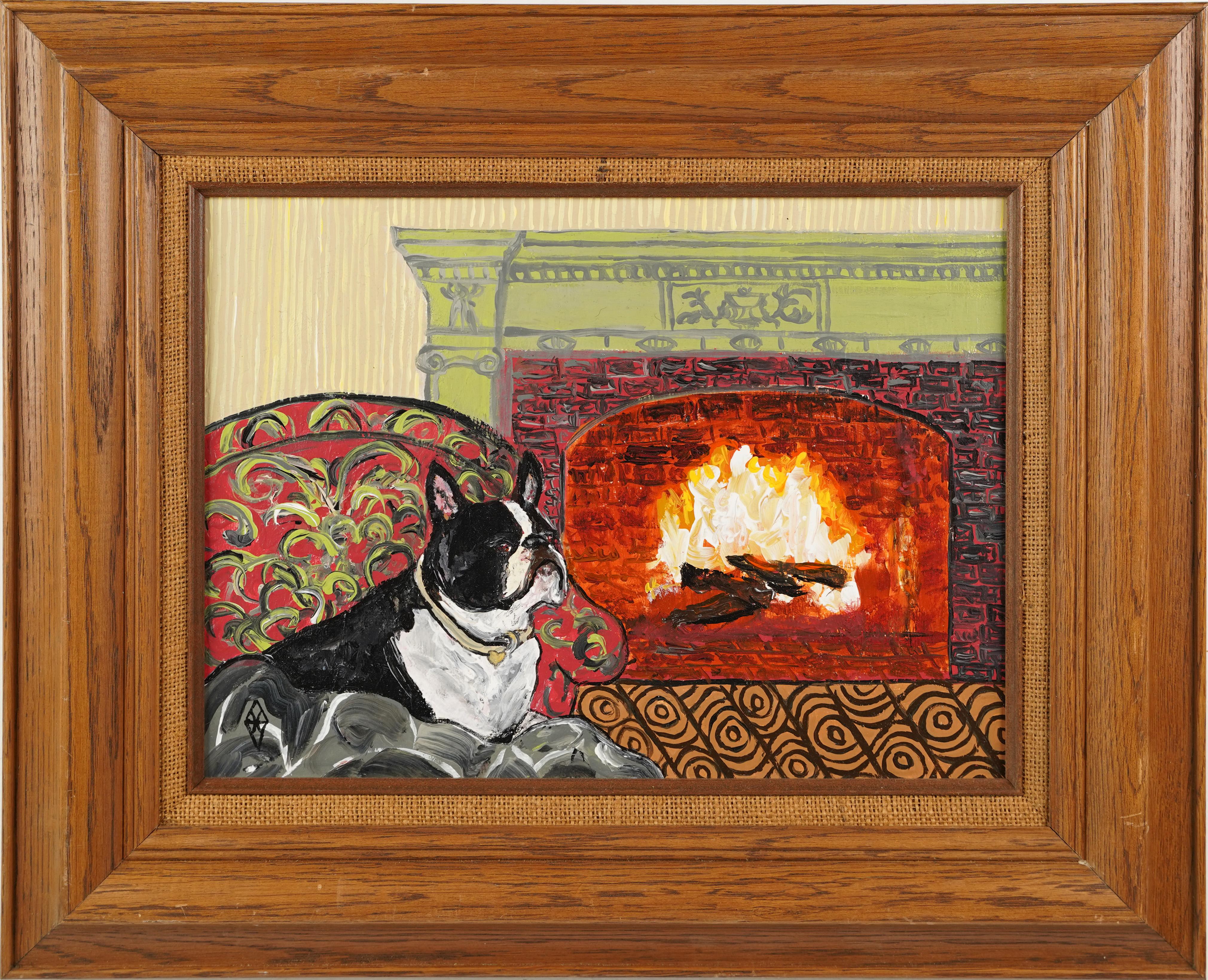 Judy Henn Animal Painting - Signed American Modernist Interior French Bulldog Fireplace Portrait Painting
