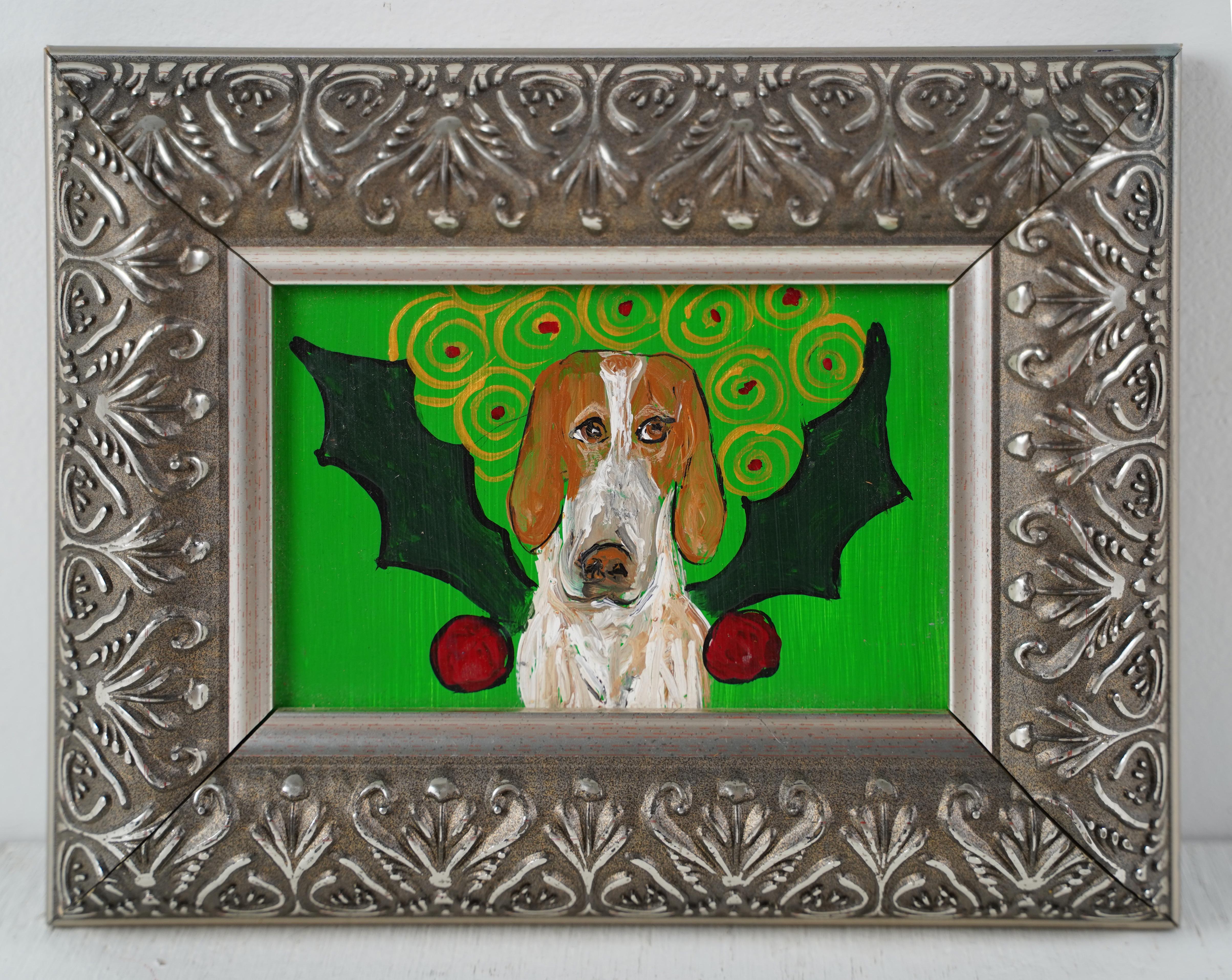 Vintage American Female Modernist Surreal Dog Portrait Gerahmte Ölgemälde – Painting von Judy Henn