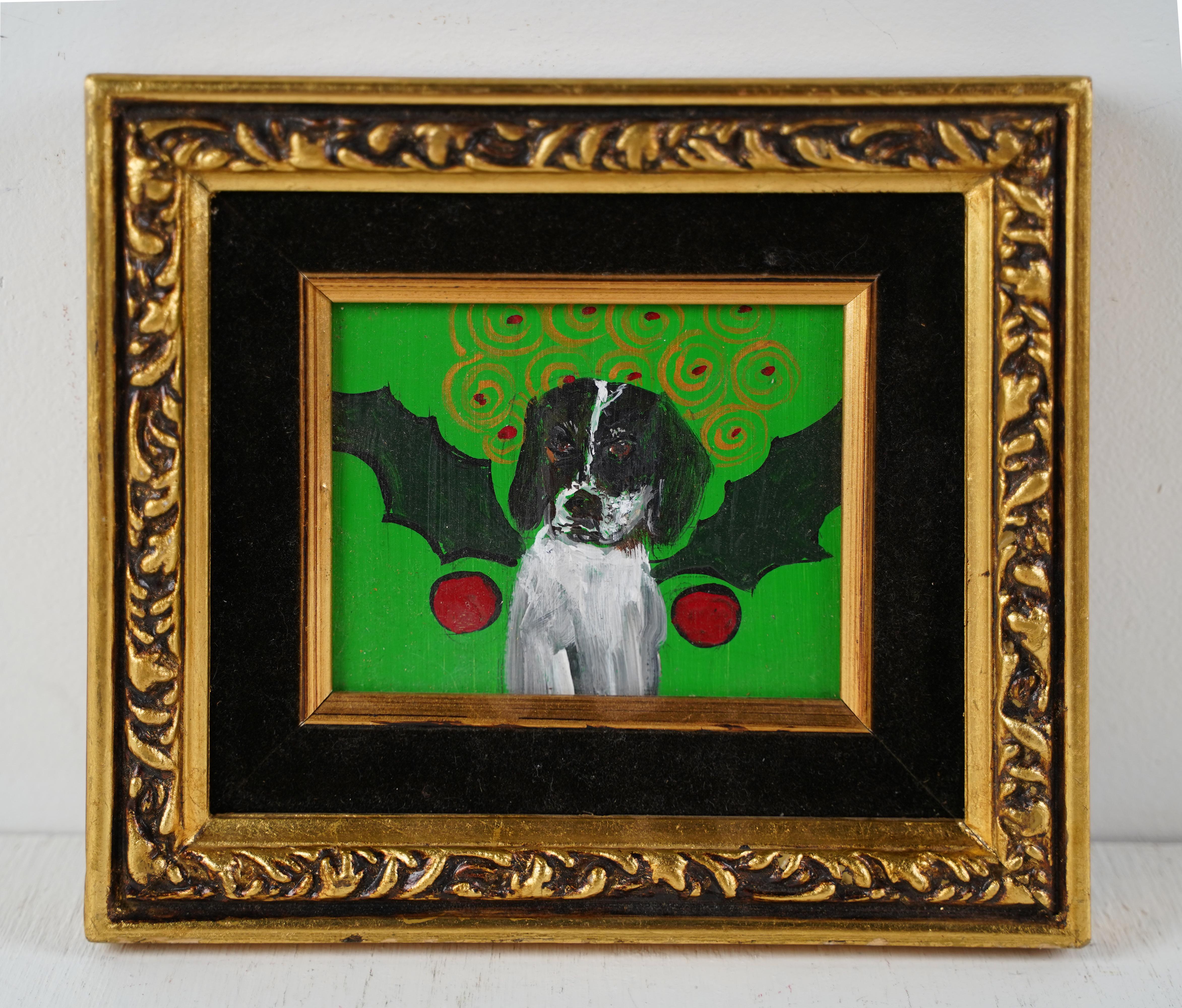 Vintage American Female Modernist Surreal Dog Portrait Gerahmte Ölgemälde – Painting von Judy Henn