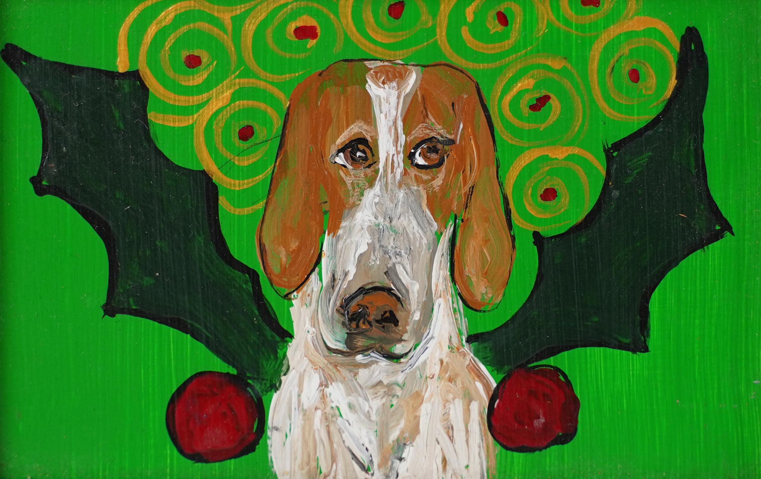 Vintage American Female Modernist Surreal Dog Portrait Gerahmte Ölgemälde (Moderne), Painting, von Judy Henn
