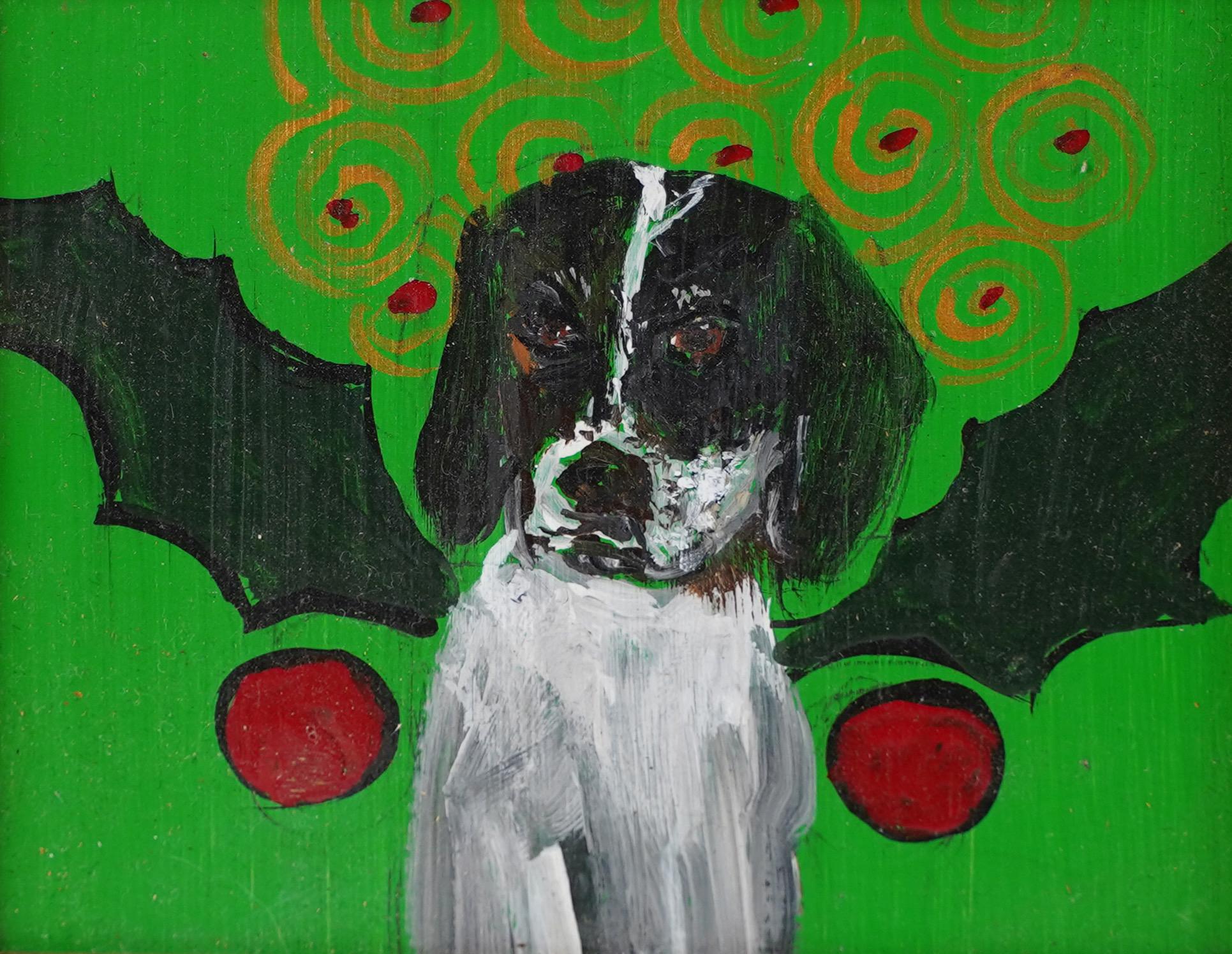Vintage American Female Modernist Surreal Dog Portrait Gerahmte Ölgemälde (Moderne), Painting, von Judy Henn