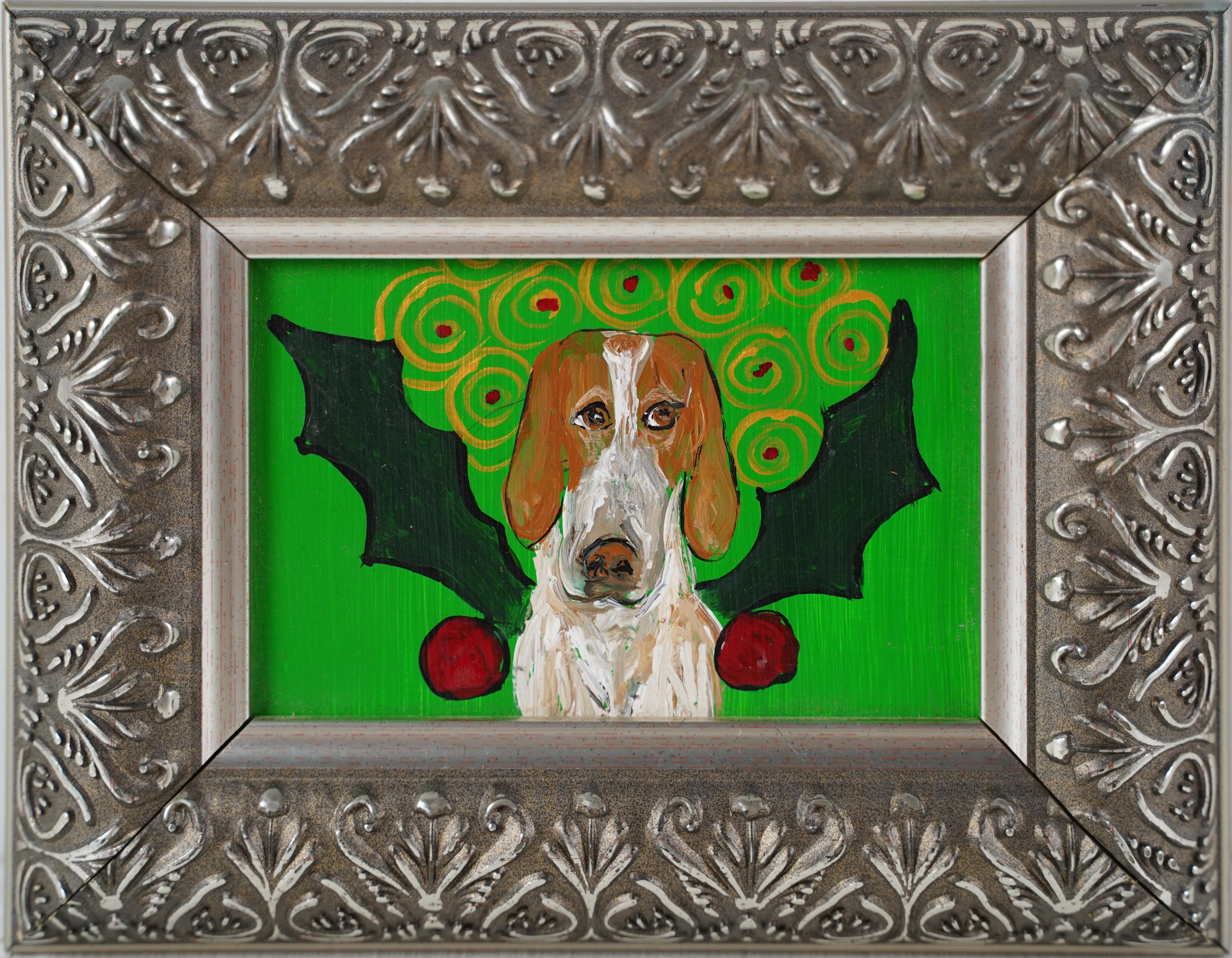 Vintage American Female Modernist Surreal Dog Portrait Framed Oil Painting