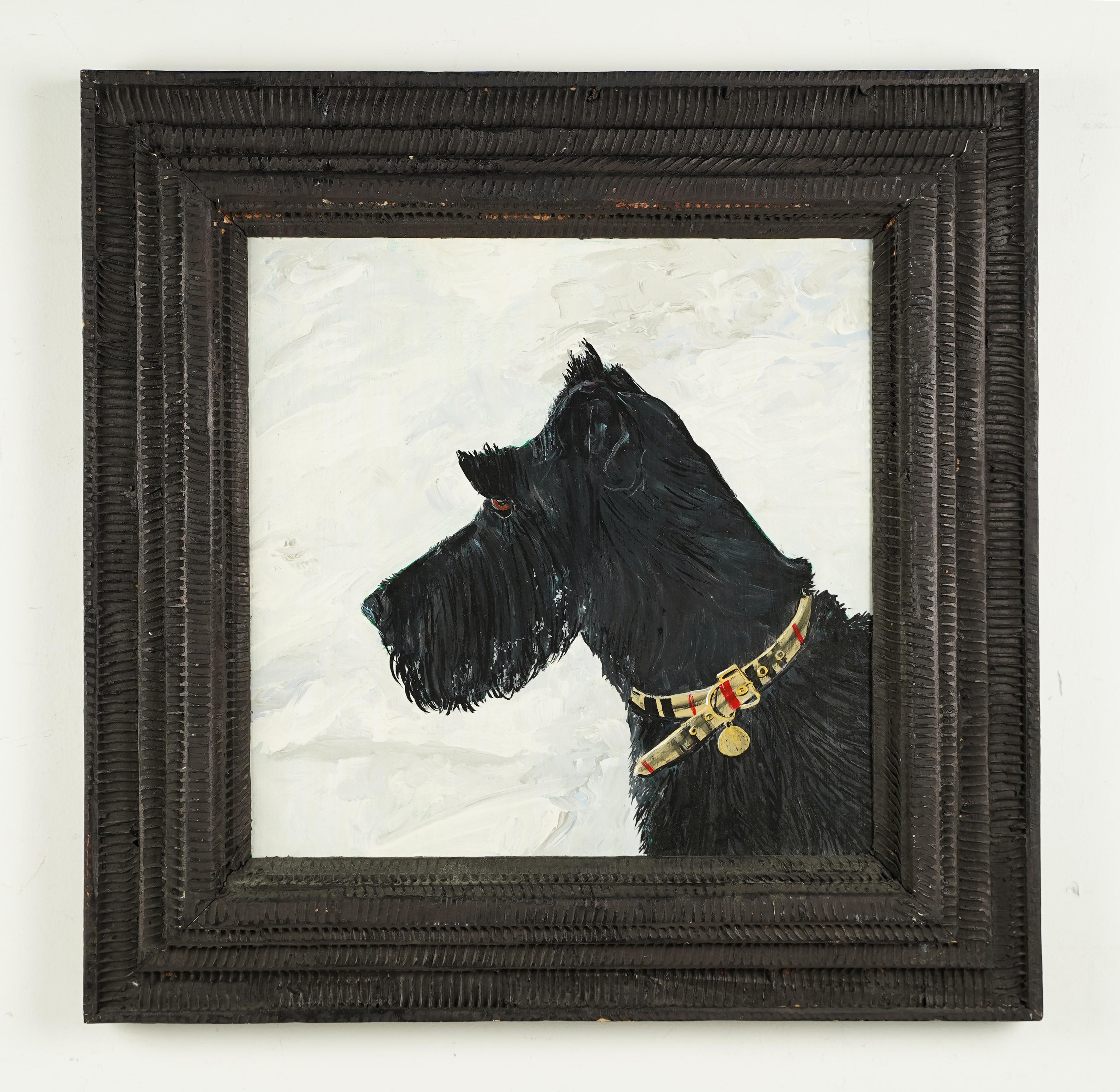 Pintura al óleo original vintage de un perro Scottie.  Óleo sobre tabla.  Sin firmar.  Enmarcado.  Tamaño de la imagen, 16L x 16H.