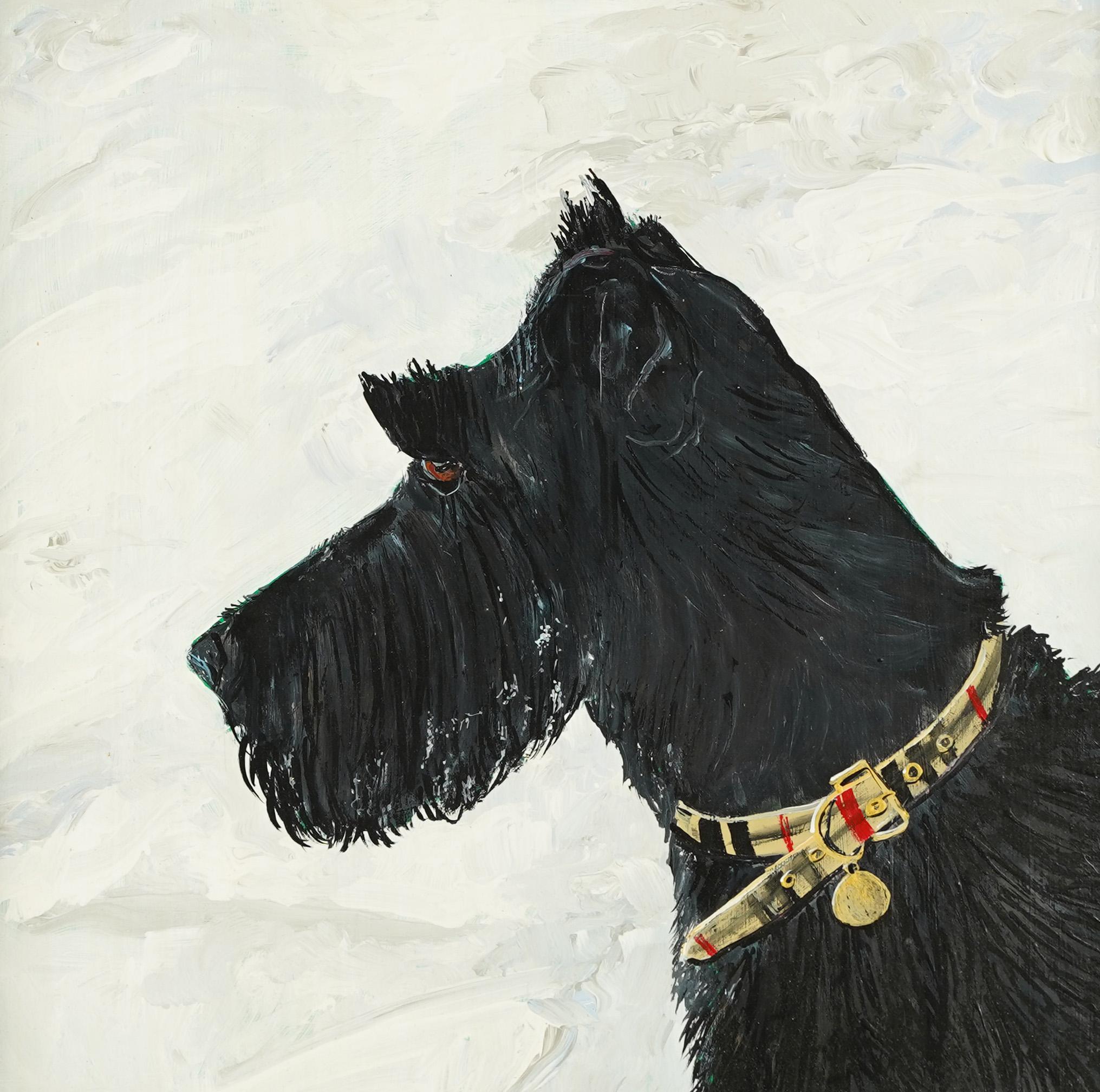 Peinture à l'huile impressionniste américaine vintage, Scottie chien Terrier, portrait d'animal - Noir Portrait Painting par Judy Henn