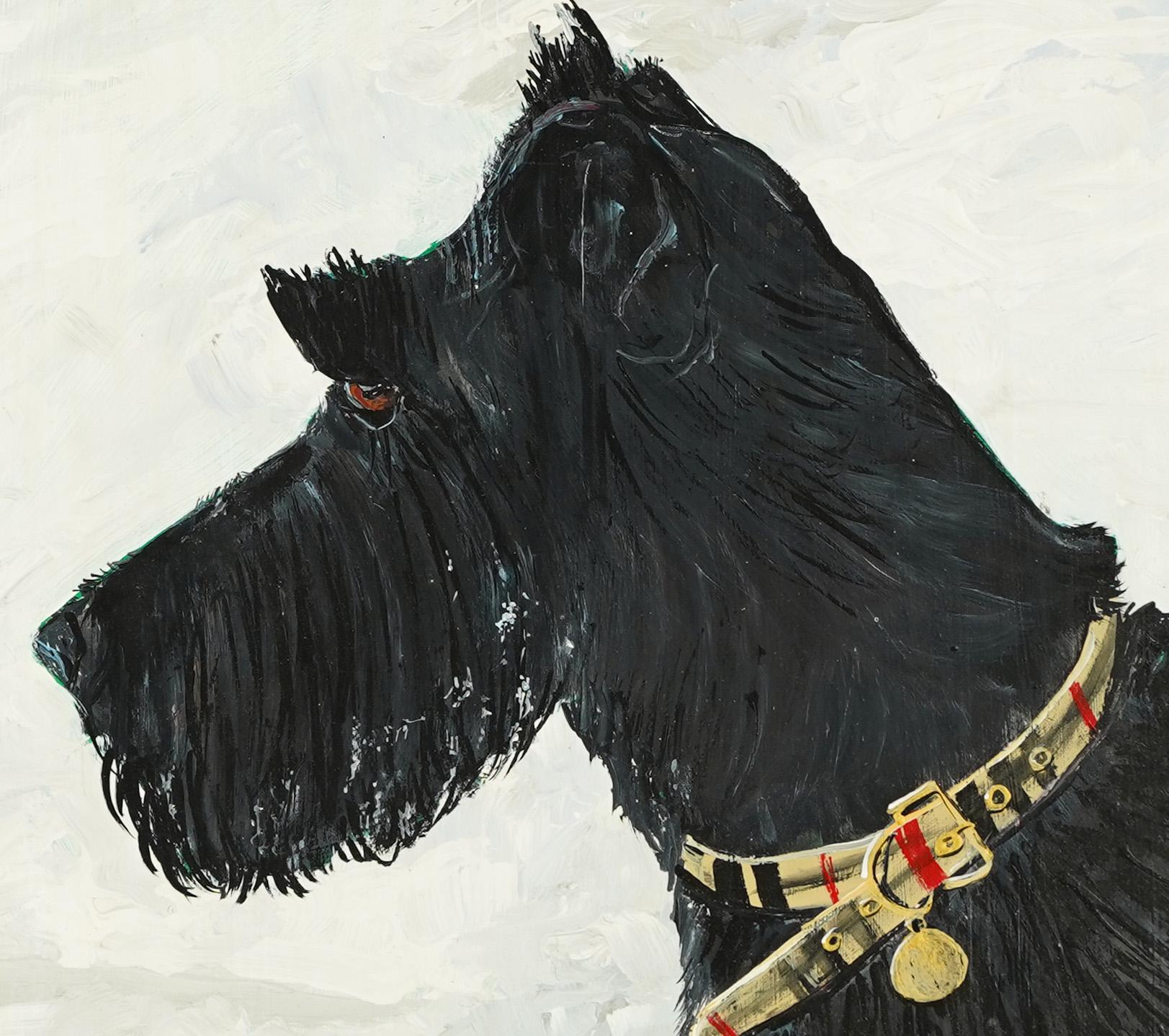 Peinture à l'huile originale vintage d'un chien Scottie.  Huile sur planche.  Non signée.  Encadré.  Taille de l'image : 16L x 16H.