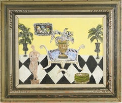 Vintage Female Modernist Interior Scene Original Framed Oil Painting